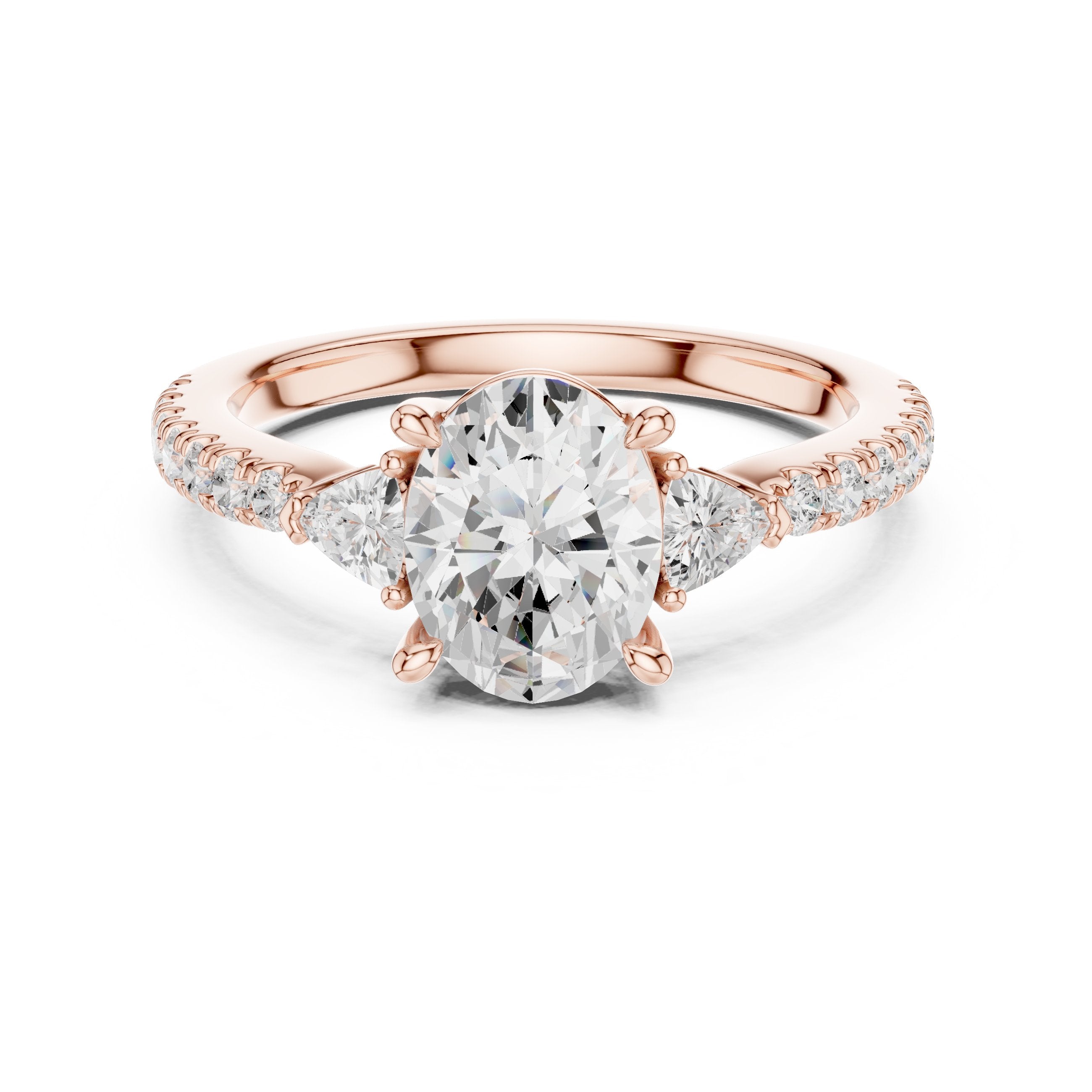 Oval Diamond Three Stone Engagement Ring with Trilliant Sides and Pavé Band in Rose Gold - VYKA Diamonds