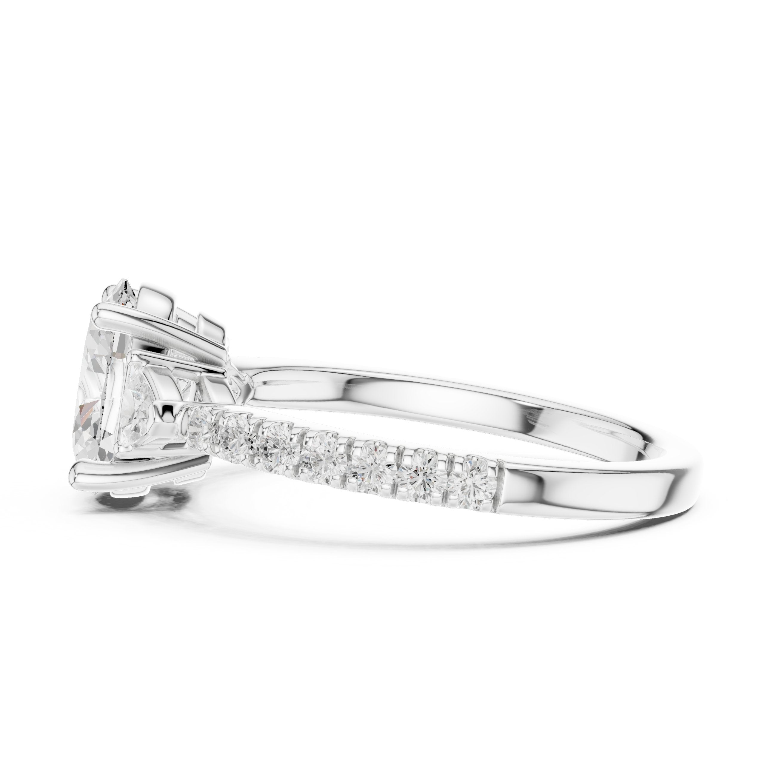 Oval Diamond Three Stone Engagement Ring with Trilliant Sides and Pavé Band in White Gold - VYKA Diamonds