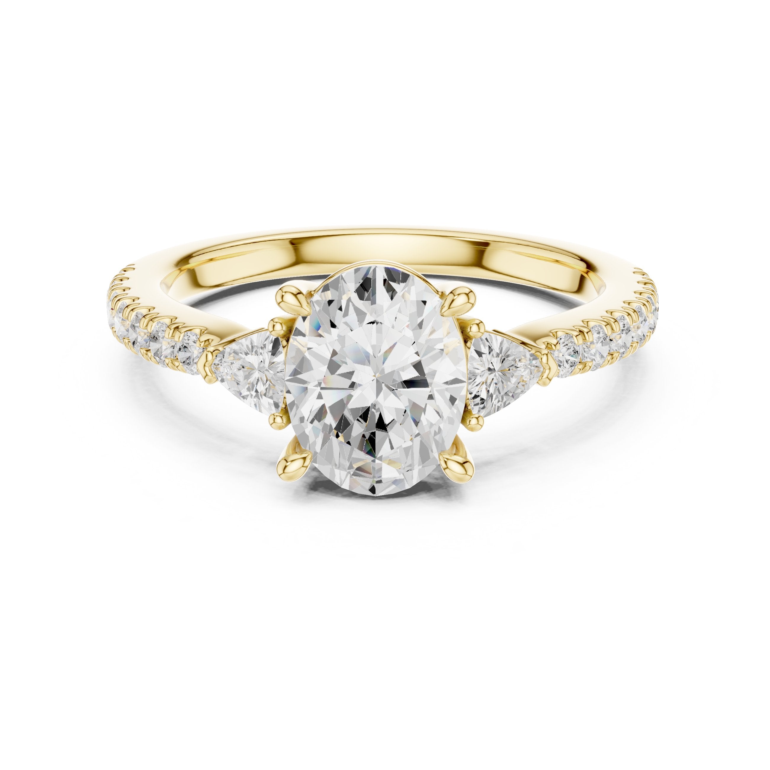 Oval Diamond Three Stone Engagement Ring with Trilliant Sides and Pavé Band in Yellow Gold - VYKA Diamonds