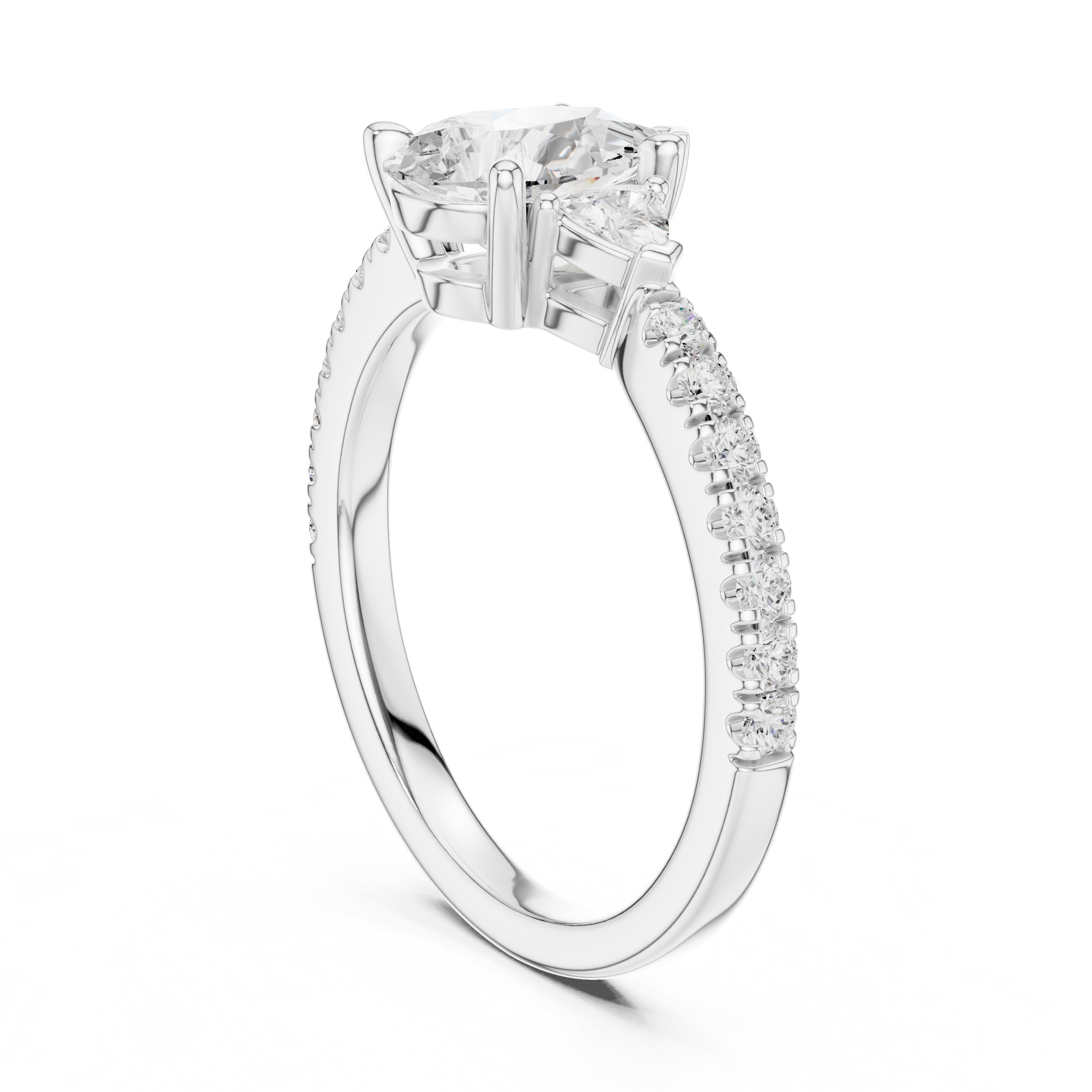 Pear Diamond Three Stone Engagement Ring with Trilliant Sides and Pavé Band in White Gold - VYKA Diamonds