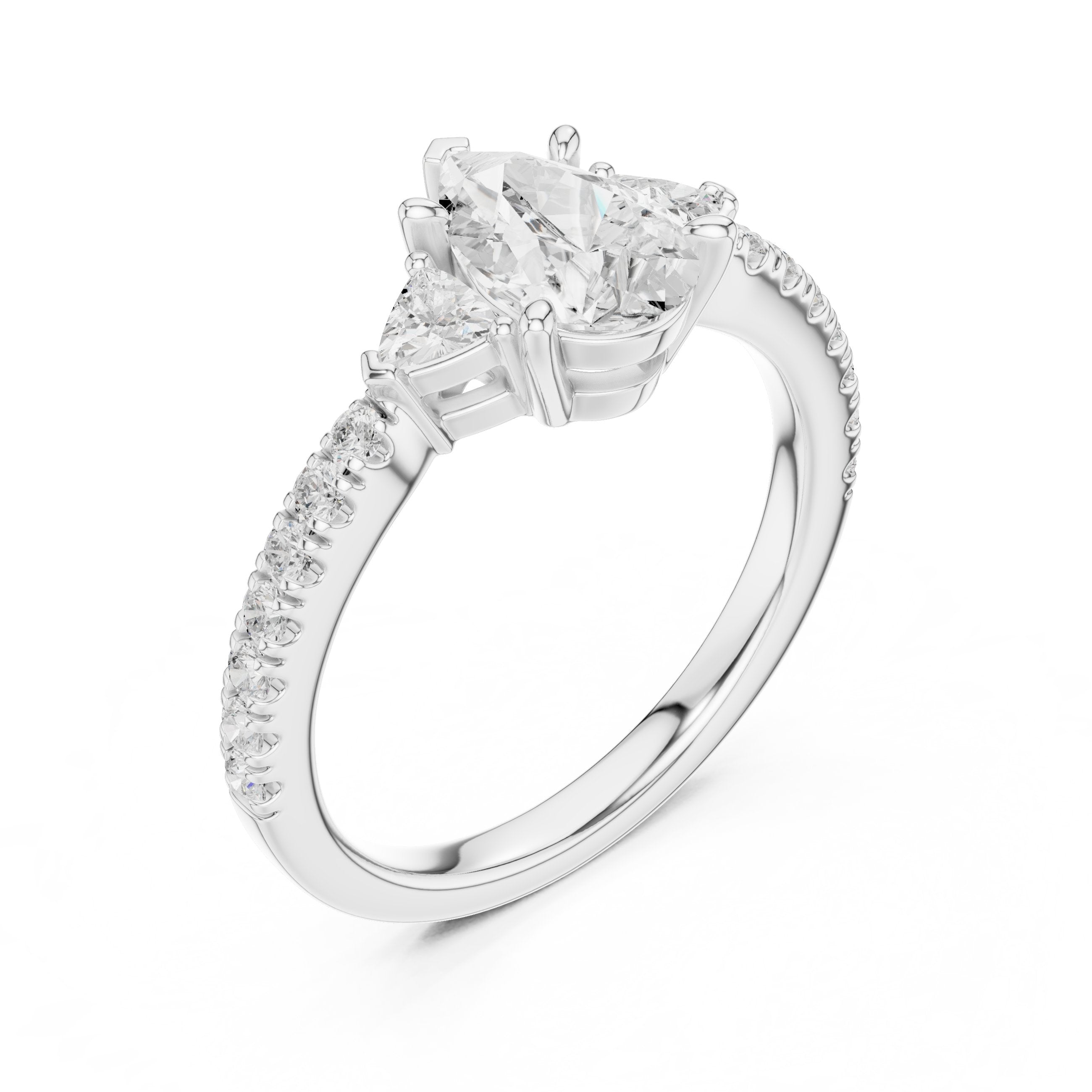 Pear Diamond Three Stone Engagement Ring with Trilliant Sides and Pavé Band in White Gold - VYKA Diamonds