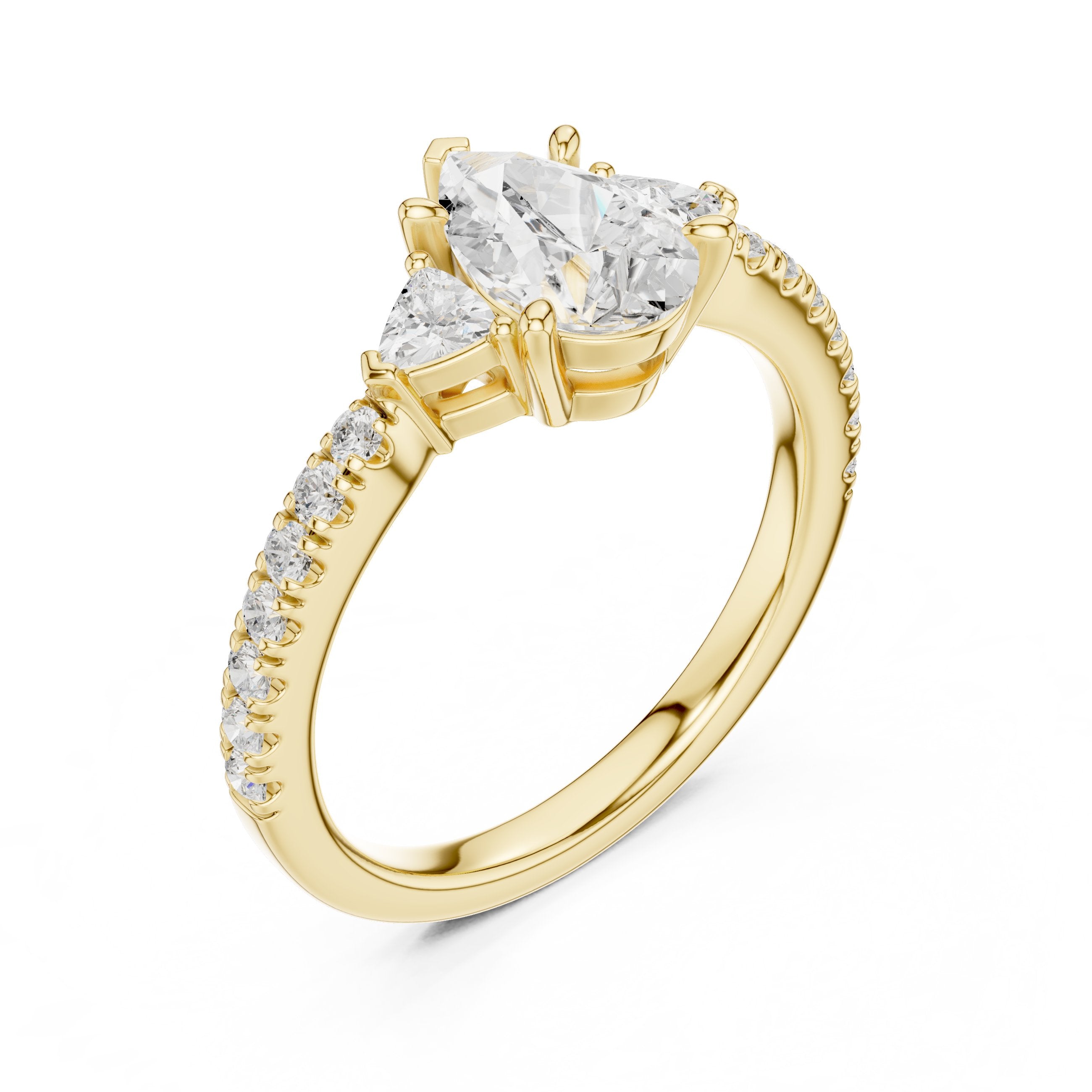 Pear Diamond Three Stone Engagement Ring with Trilliant Sides and Pavé Band in Yellow Gold - VYKA Diamonds