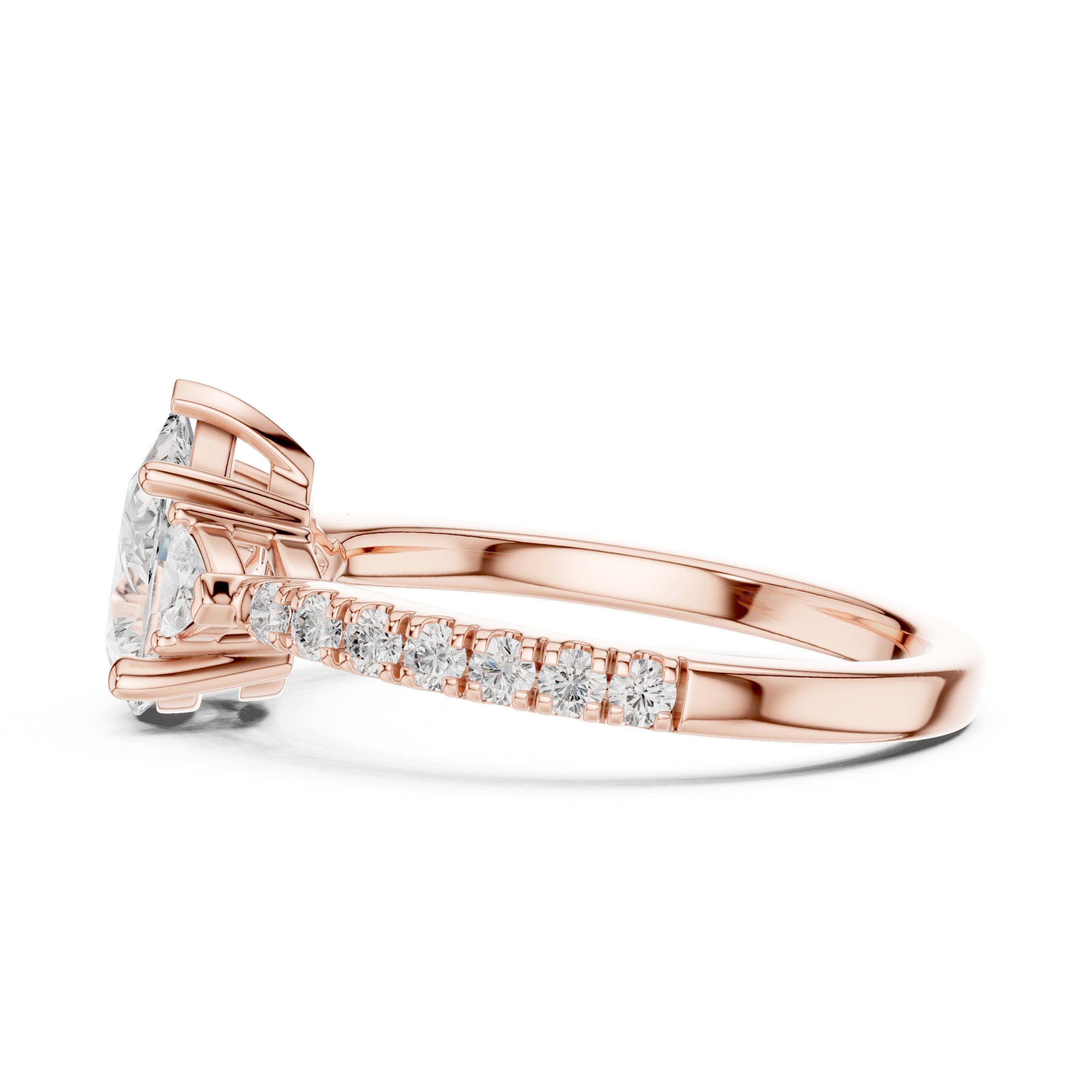 Pear Diamond Three Stone Engagement Ring with Trilliant Sides and Pavé Band in Rose Gold - VYKA Diamonds