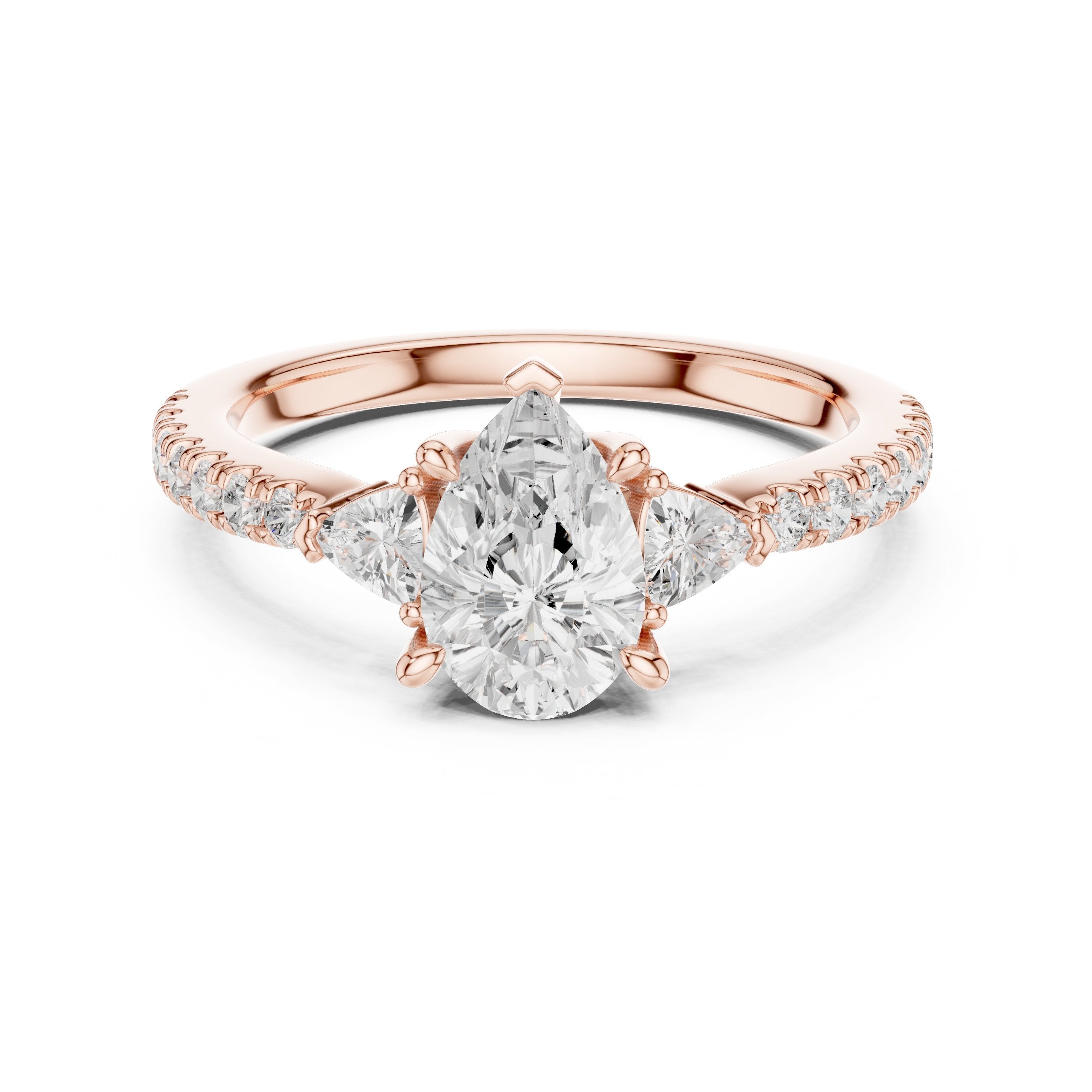 Pear Diamond Three Stone Engagement Ring with Trilliant Sides and Pavé Band in Rose Gold - VYKA Diamonds