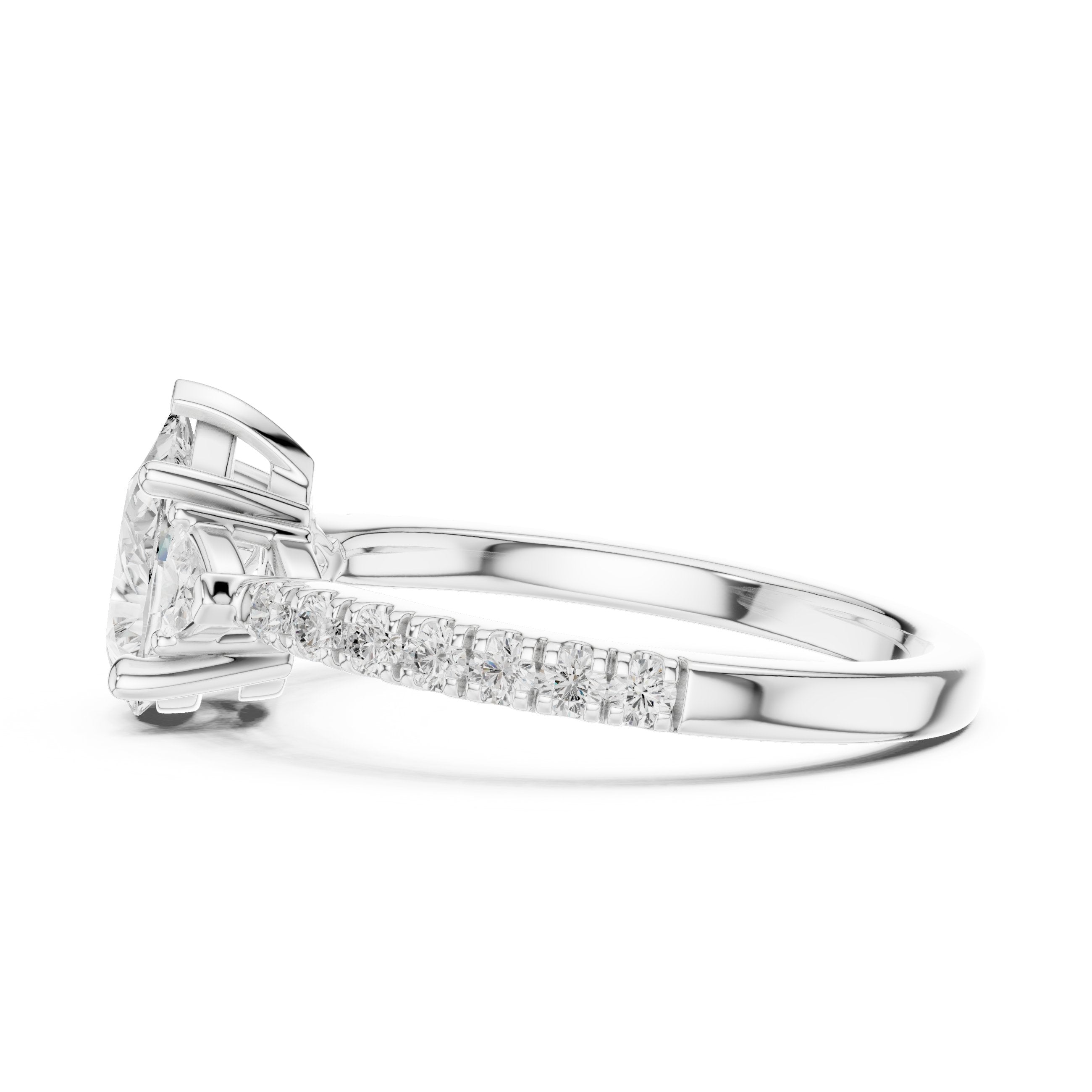 Pear Diamond Three Stone Engagement Ring with Trilliant Sides and Pavé Band in White Gold - VYKA Diamonds