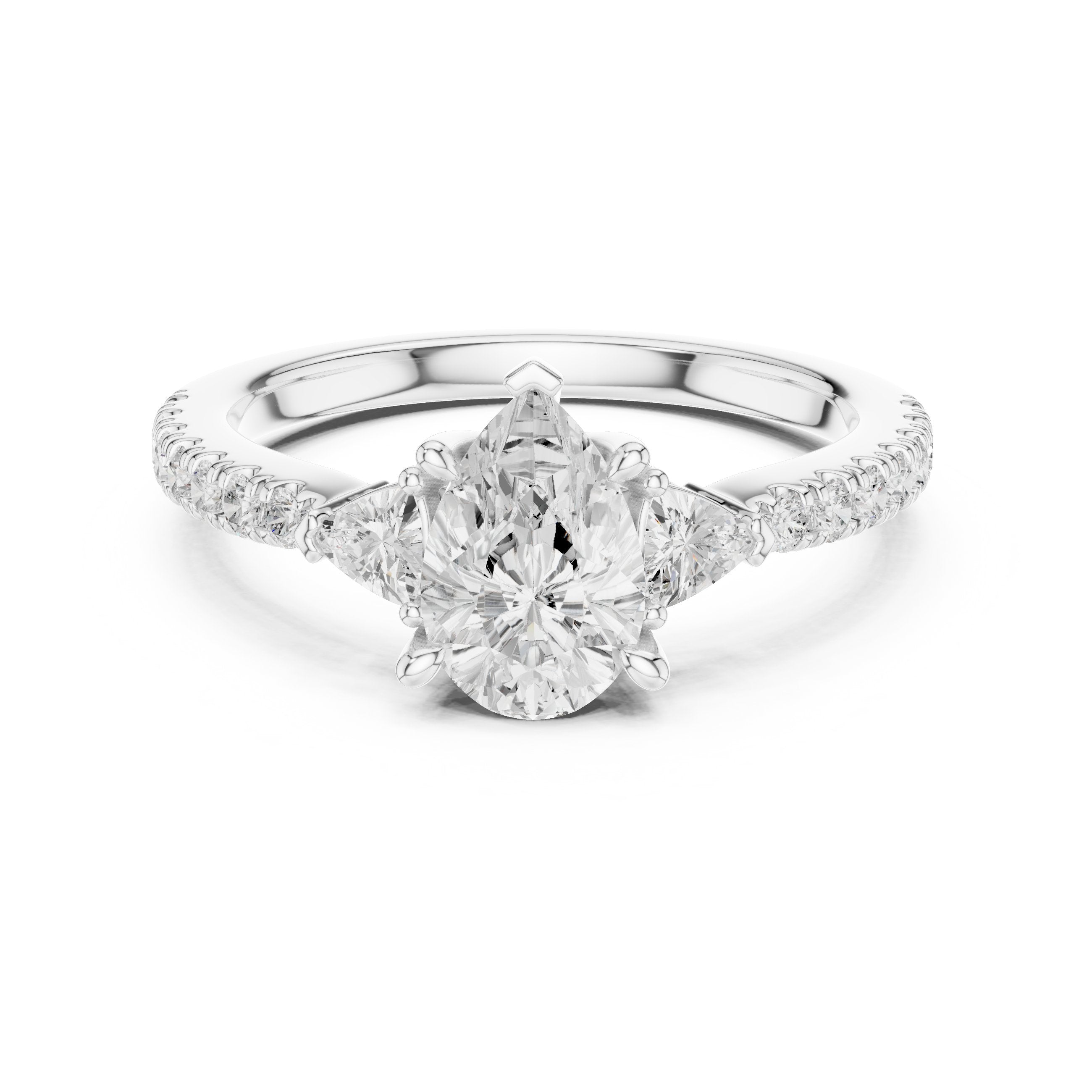 Pear Diamond Three Stone Engagement Ring with Trilliant Sides and Pavé Band in White Gold - VYKA Diamonds