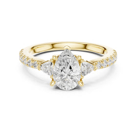 Pear Diamond Three Stone Engagement Ring with Trilliant Sides and Pavé Band