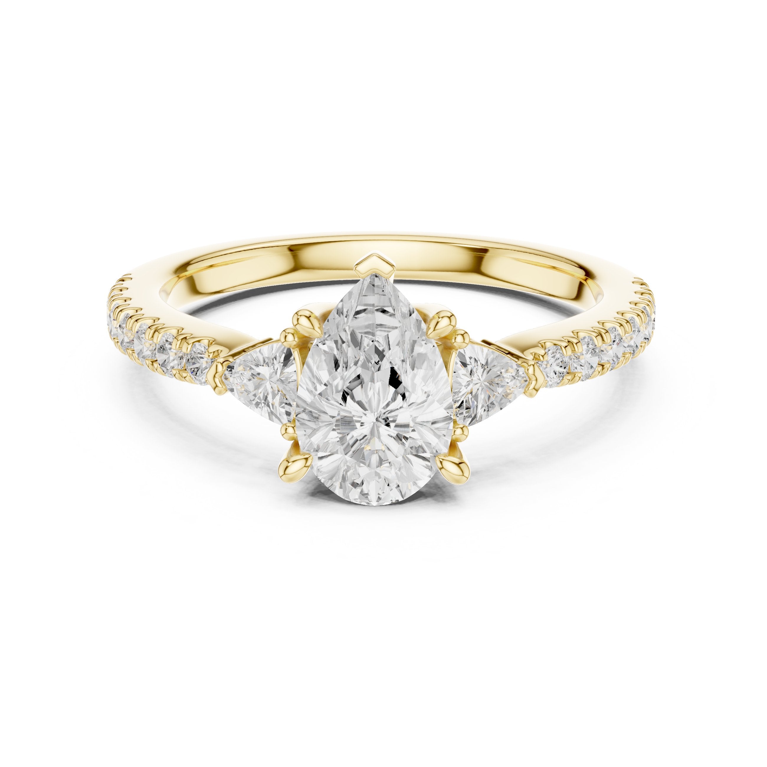 Pear Diamond Three Stone Engagement Ring with Trilliant Sides and Pavé Band in Yellow Gold - VYKA Diamonds