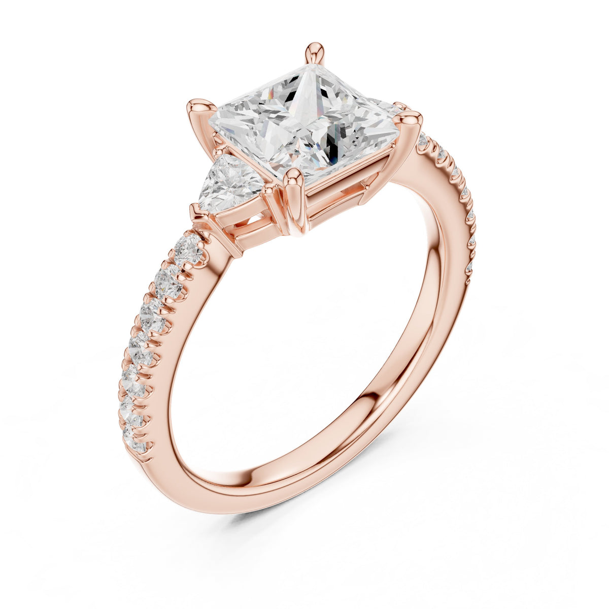 Princess Cut Engagement Ring with Trilliant Side Accents and Pavé Band
