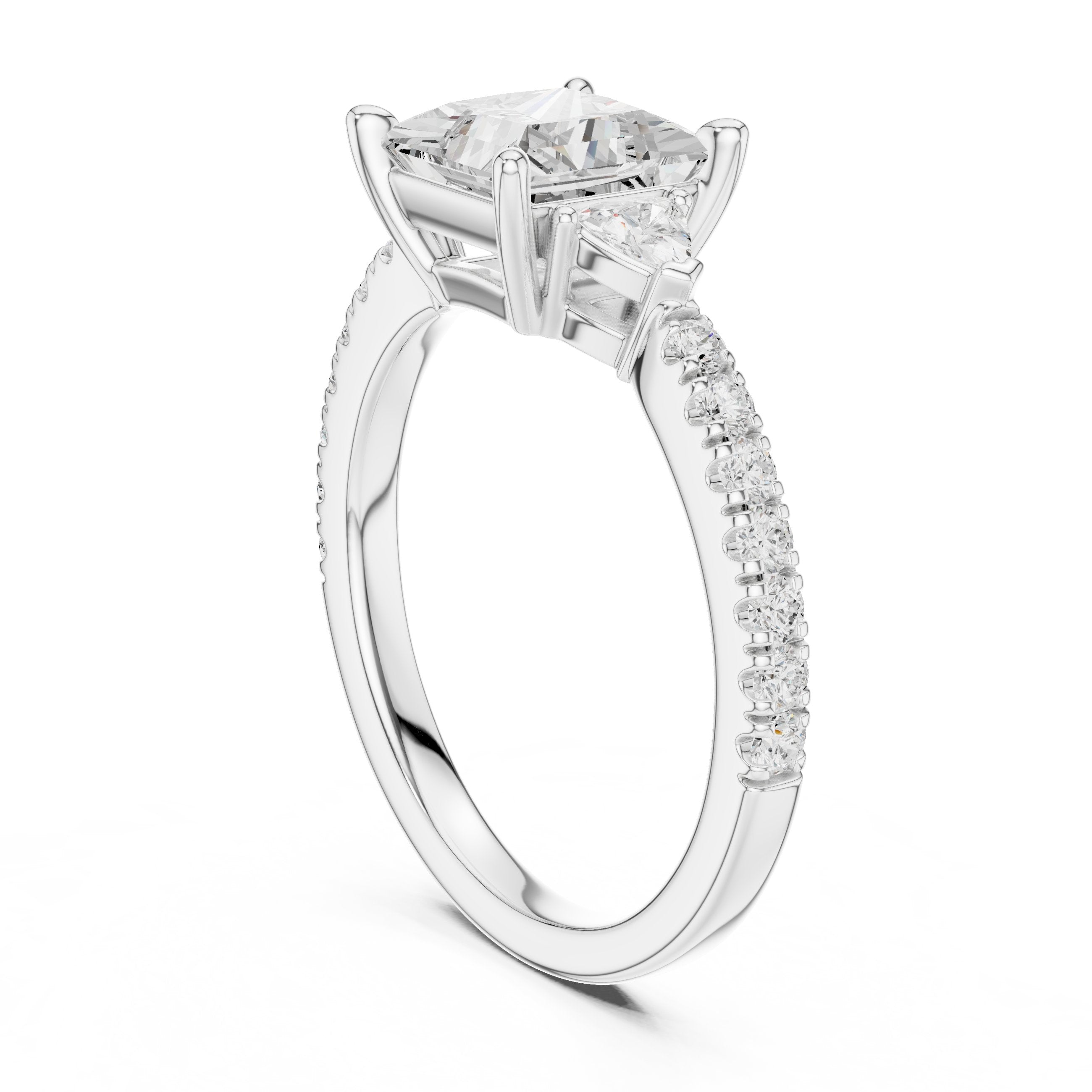 Princess Cut Engagement Ring with Trilliant Side Accents and Pavé Band in White Gold - VYKA Diamonds