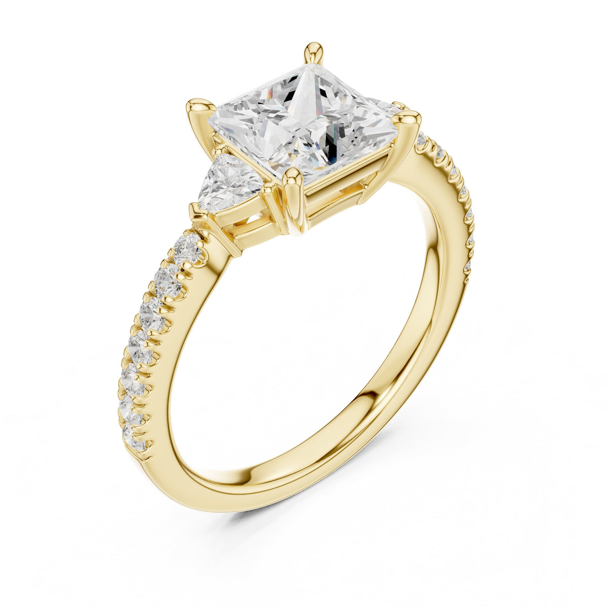Princess Cut Engagement Ring with Trilliant Side Accents and Pavé Band