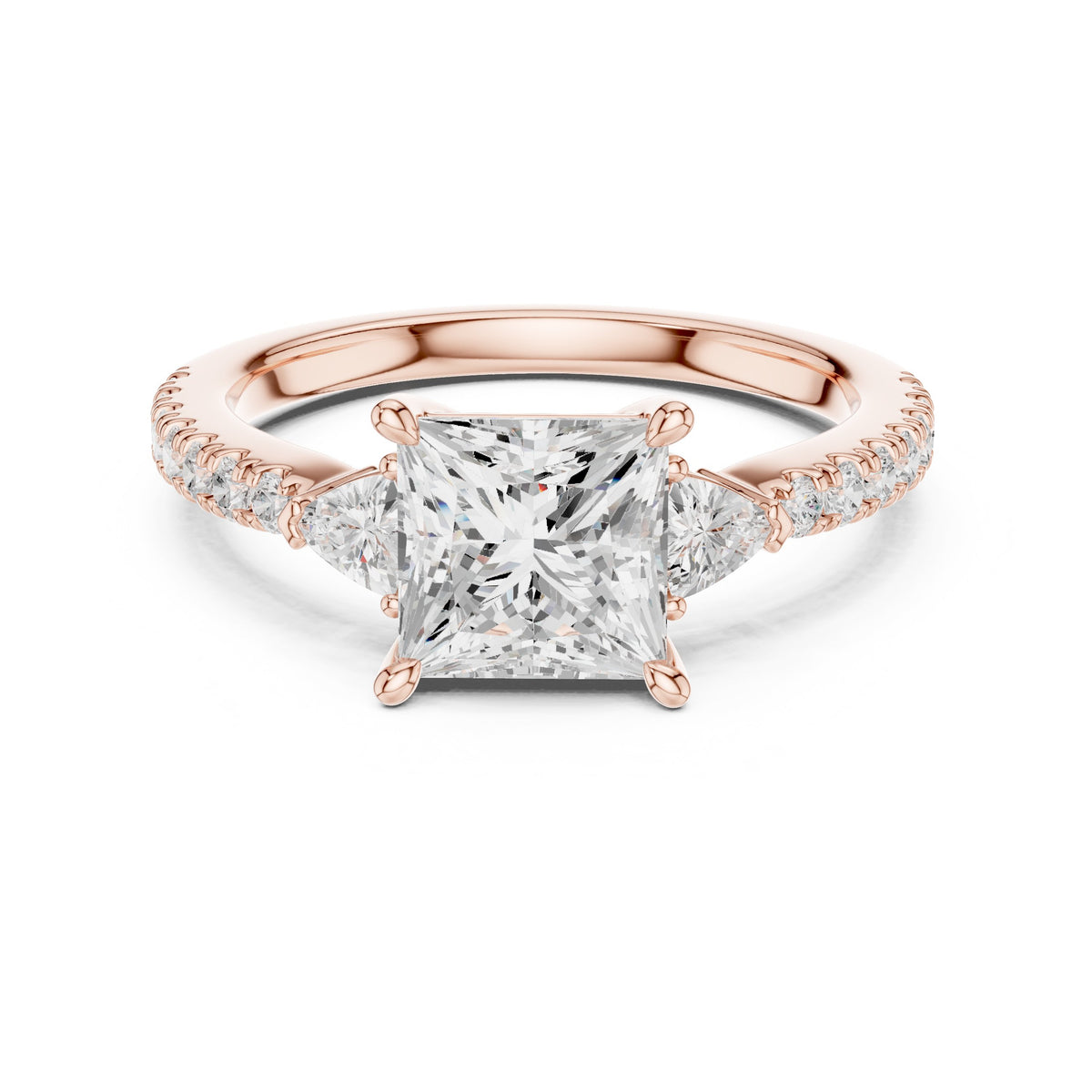 Princess Cut Engagement Ring with Trilliant Side Accents and Pavé Band