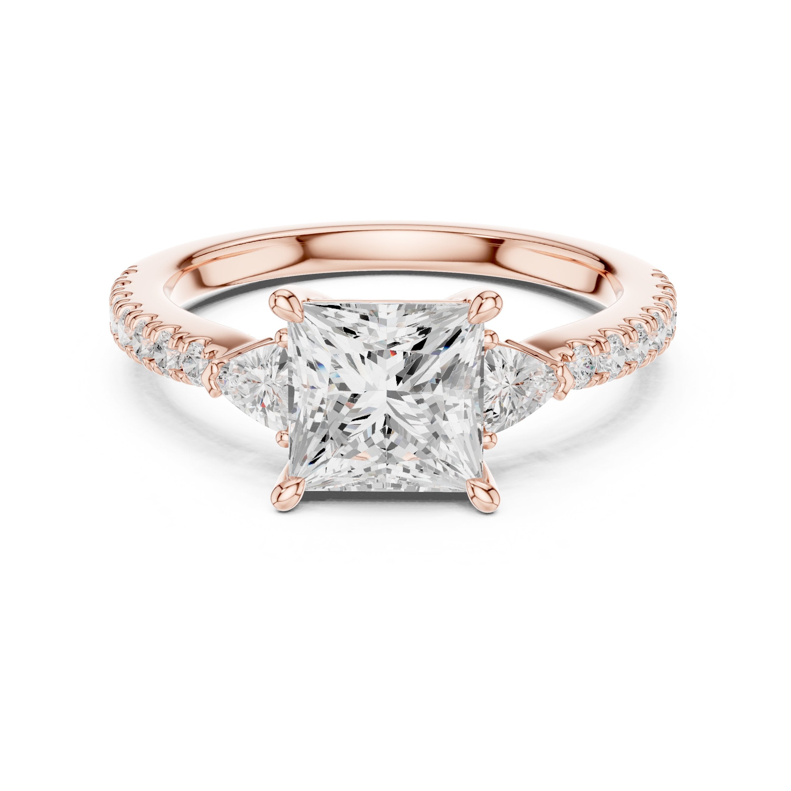 Princess Cut Engagement Ring with Trilliant Side Accents and Pavé Band in Rose Gold - VYKA Diamonds