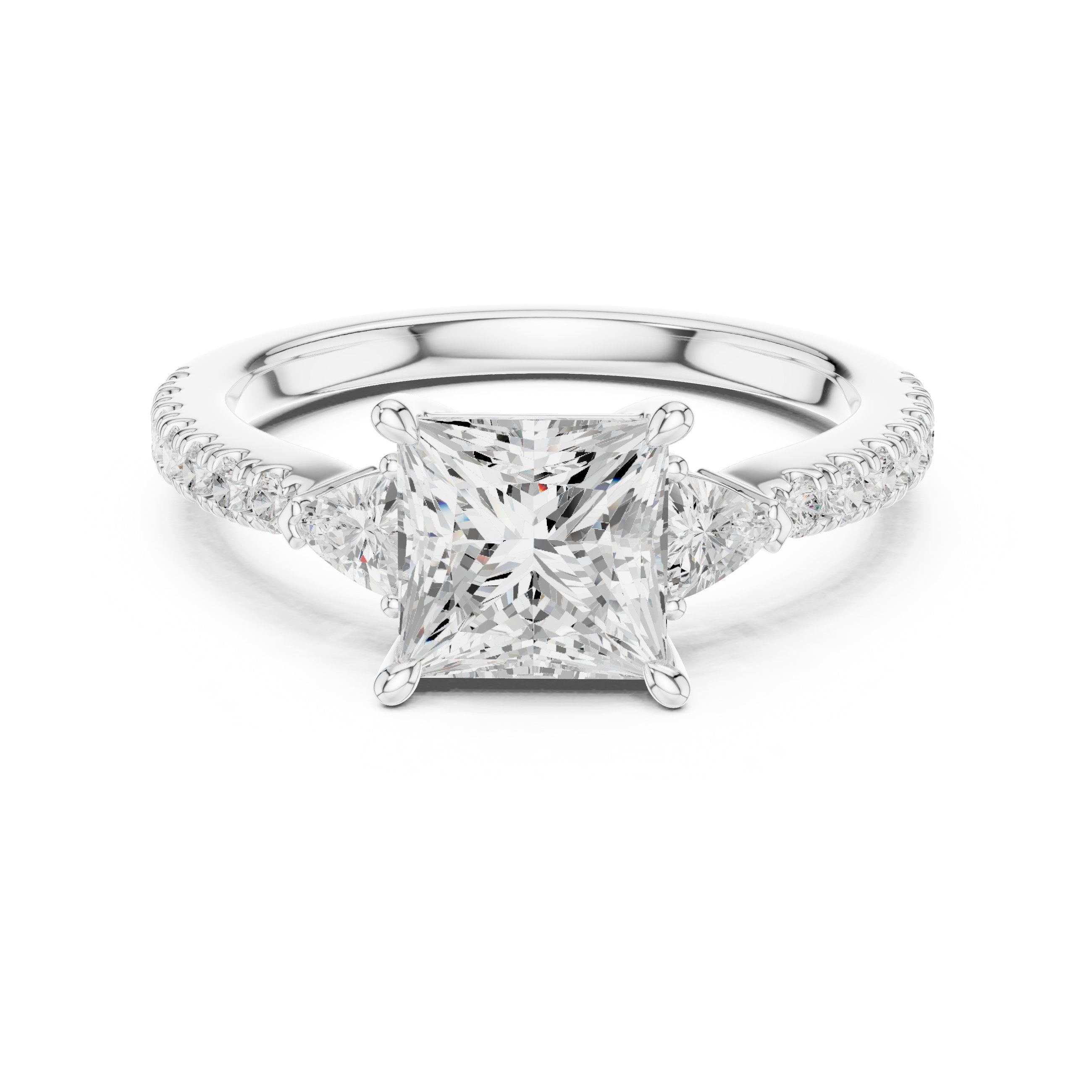 Princess Cut Engagement Ring with Trilliant Side Accents and Pavé Band in White Gold - VYKA Diamonds