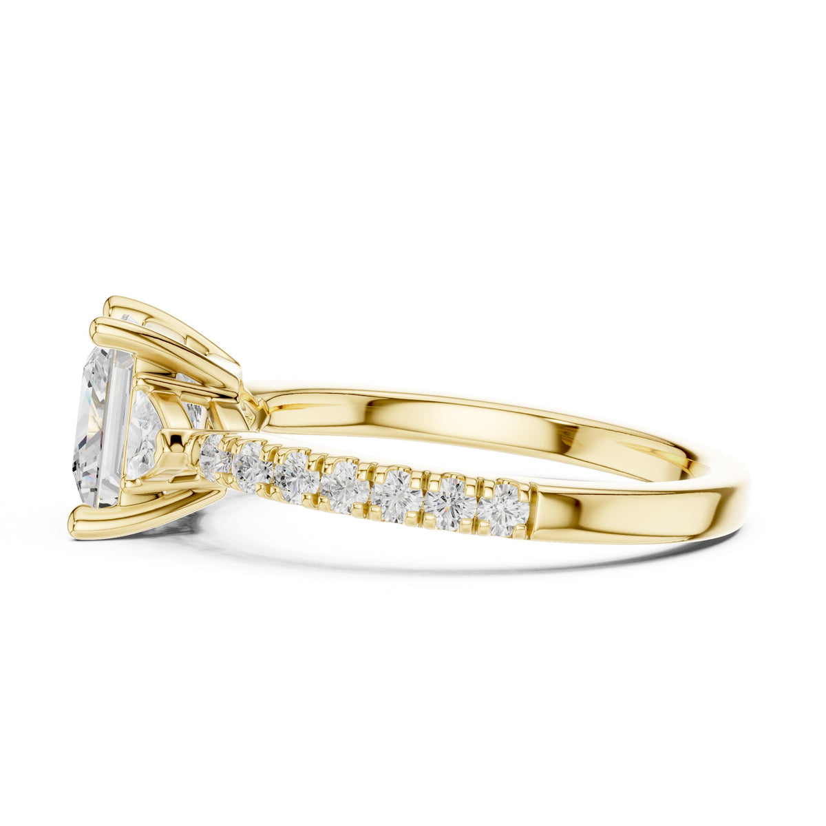 Princess Cut Engagement Ring with Trilliant Side Accents and Pavé Band