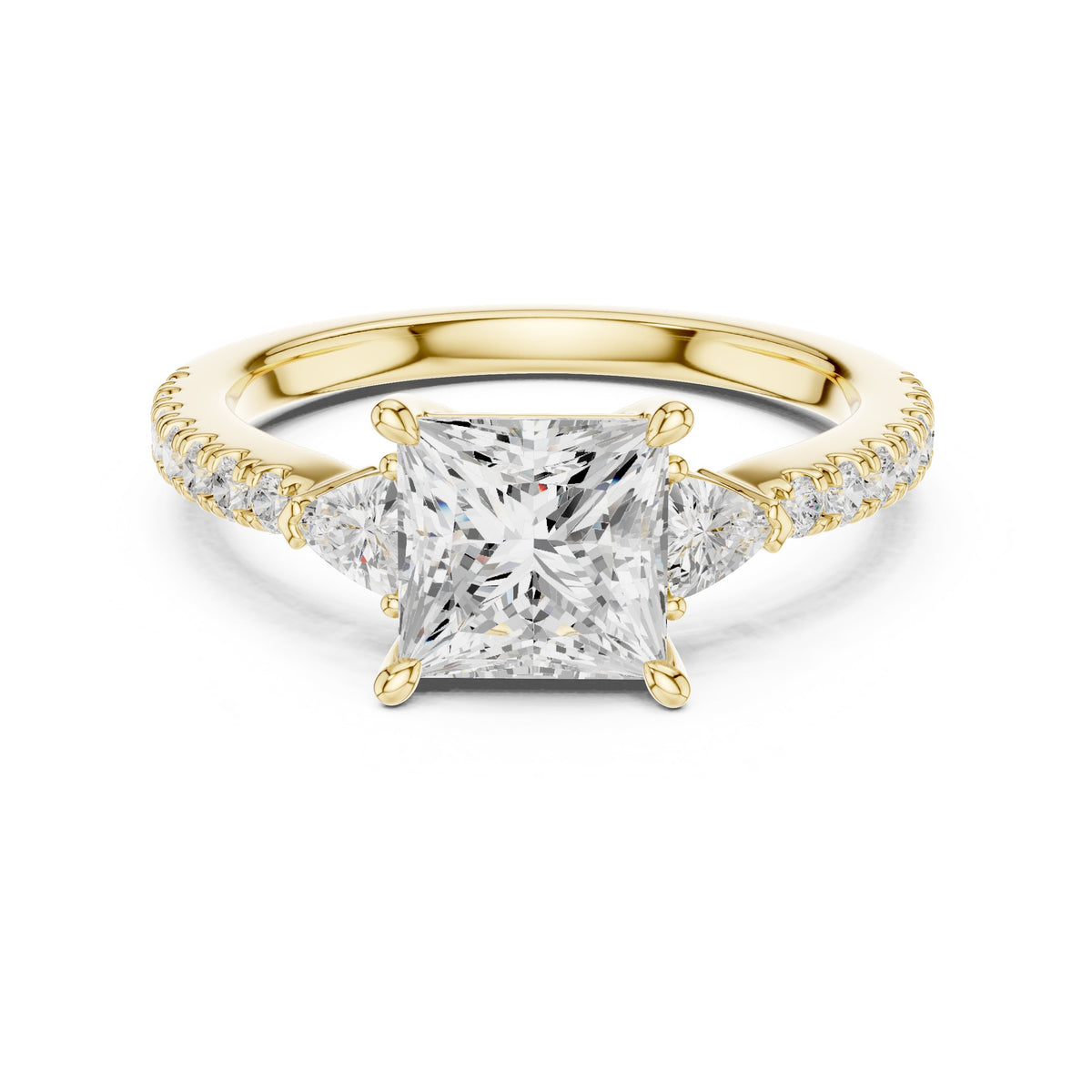 Princess Cut Engagement Ring with Trilliant Side Accents and Pavé Band