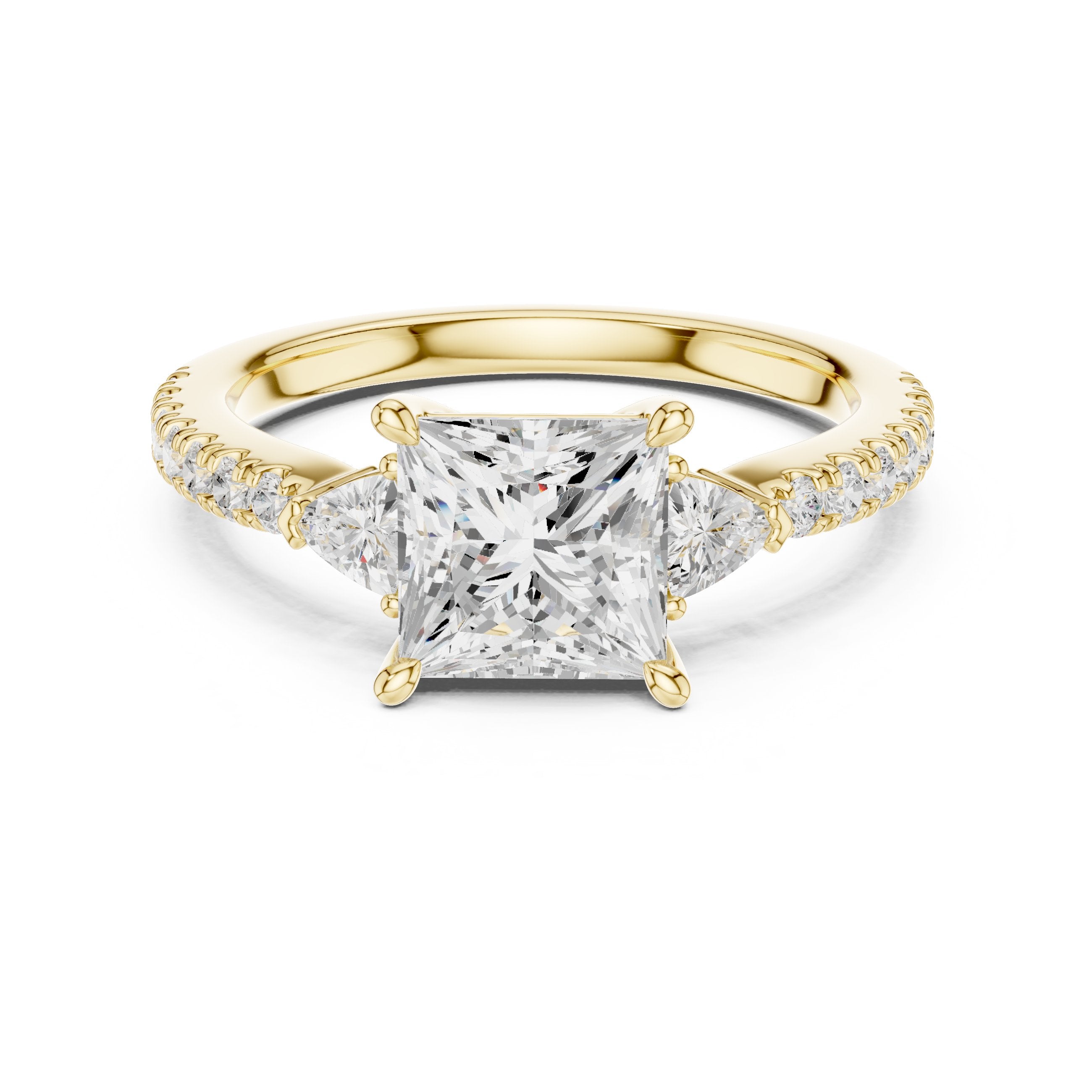 Princess Cut Engagement Ring with Trilliant Side Accents and Pavé Band in Yellow Gold - VYKA Diamonds