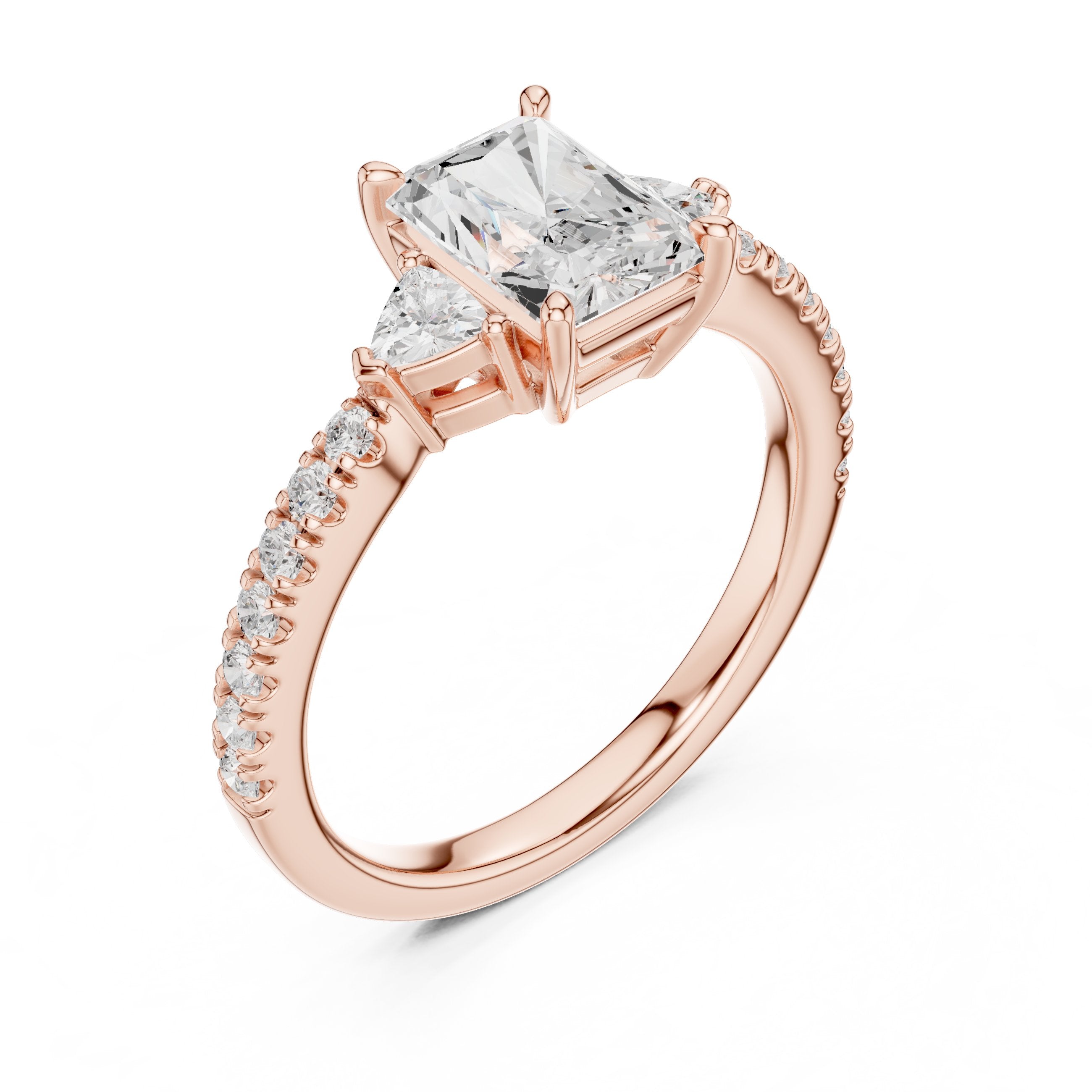 Radiant Cut Three Stone Engagement Ring with Trilliant Sides and Pavé Band in Rose Gold - VYKA Diamonds
