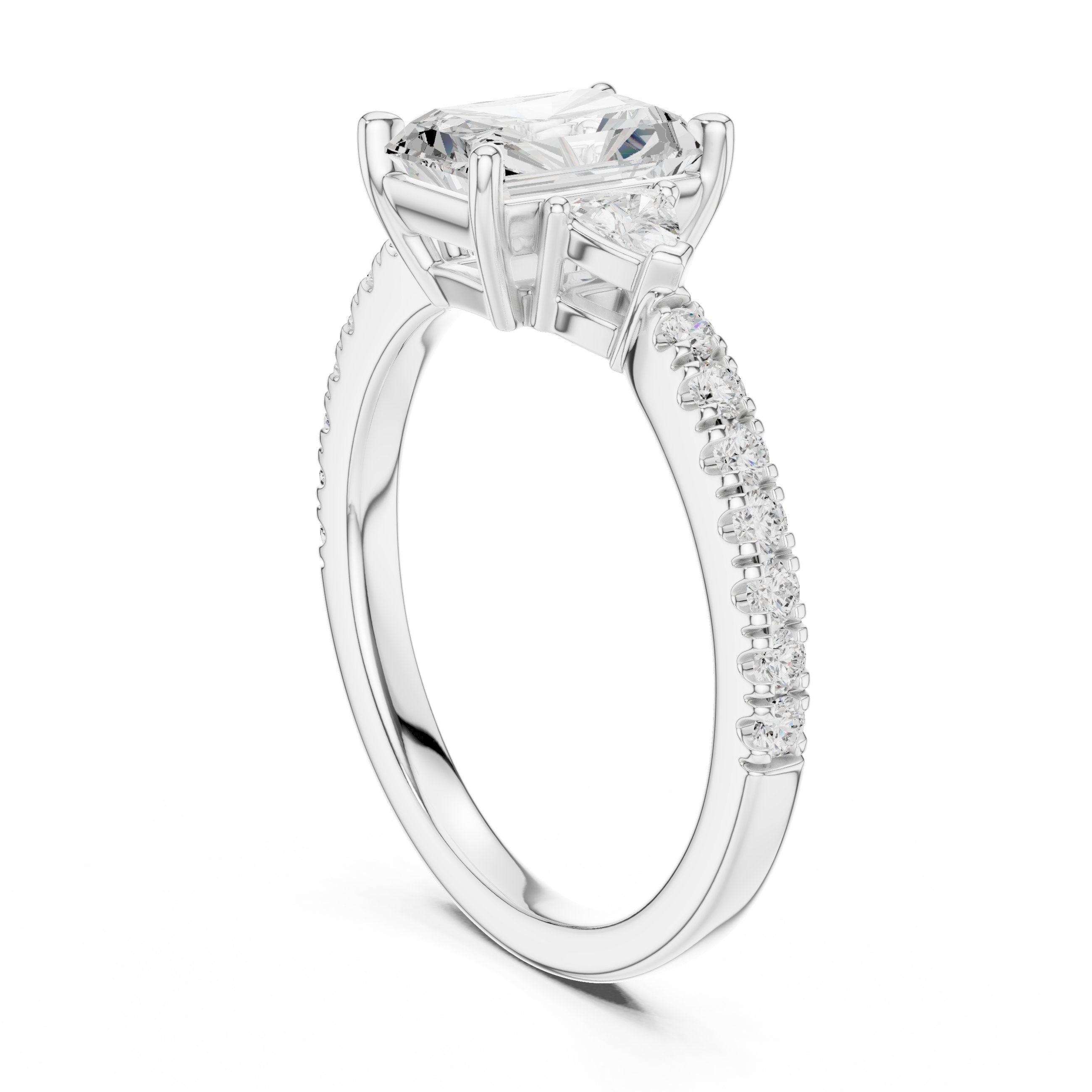 Radiant Cut Three Stone Engagement Ring with Trilliant Sides and Pavé Band in White Gold - VYKA Diamonds