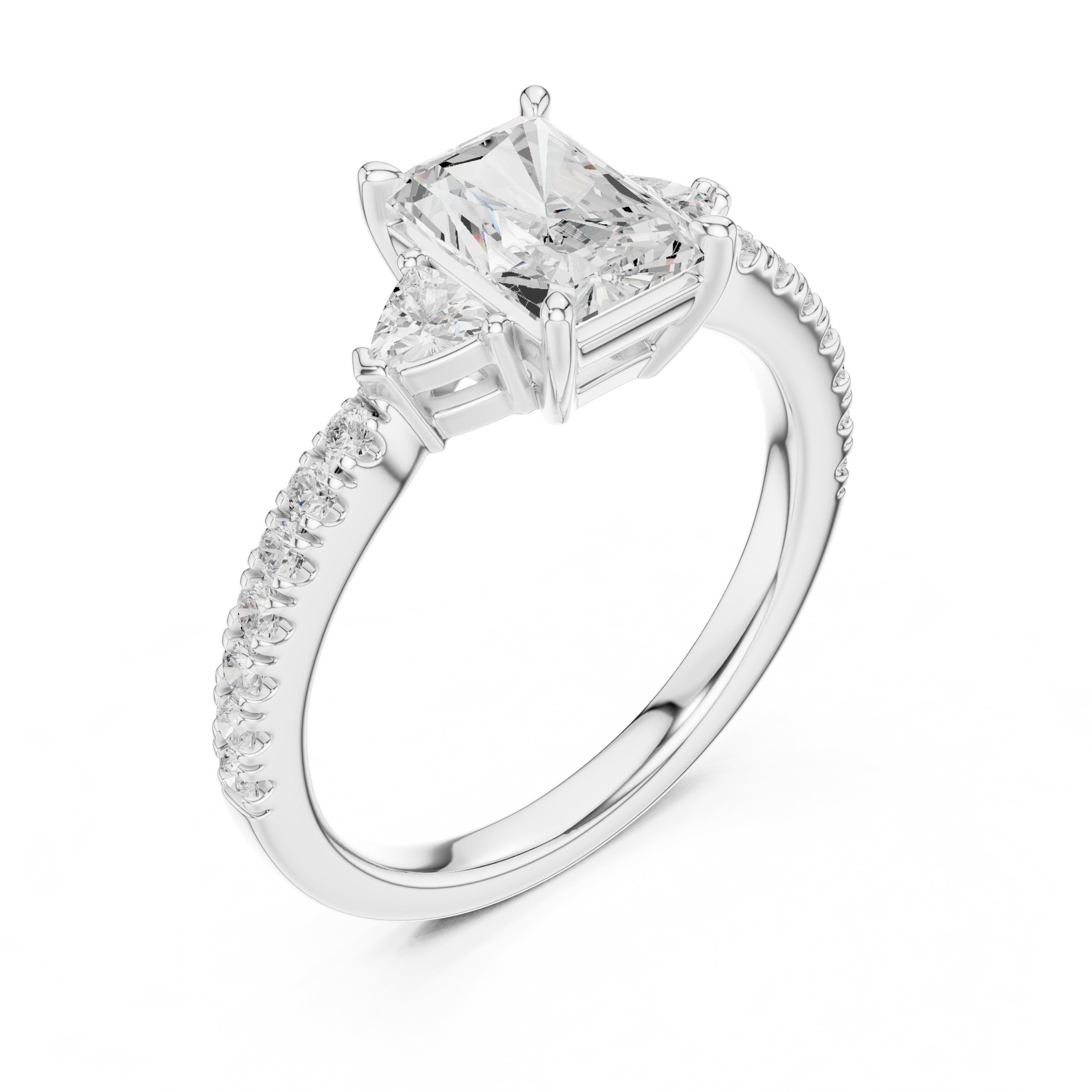 Radiant Cut Three Stone Engagement Ring with Trilliant Sides and Pavé Band in White Gold - VYKA Diamonds