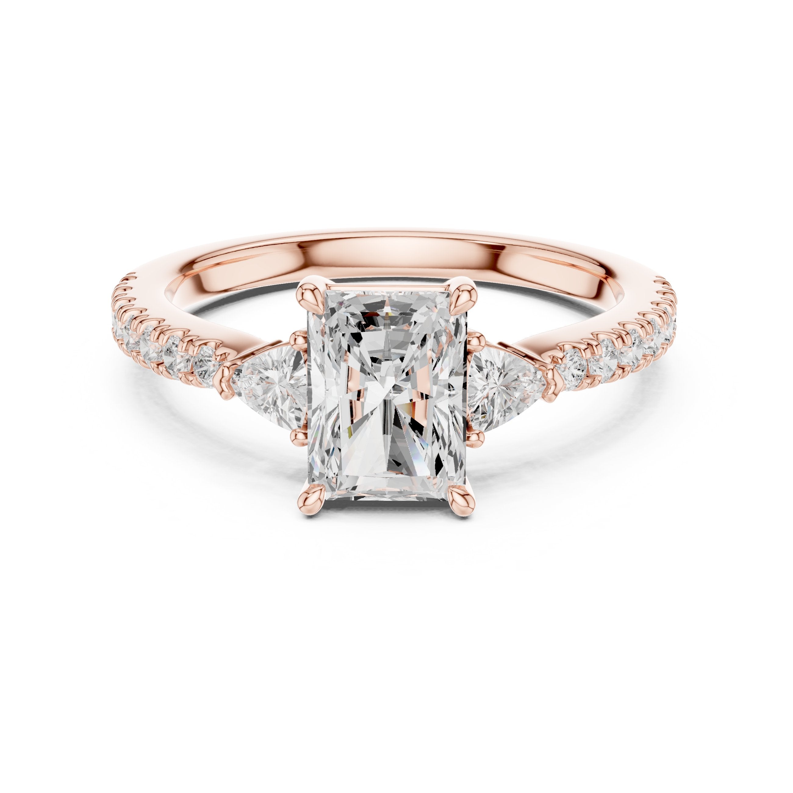 Radiant Cut Three Stone Engagement Ring with Trilliant Sides and Pavé Band in Rose Gold - VYKA Diamonds