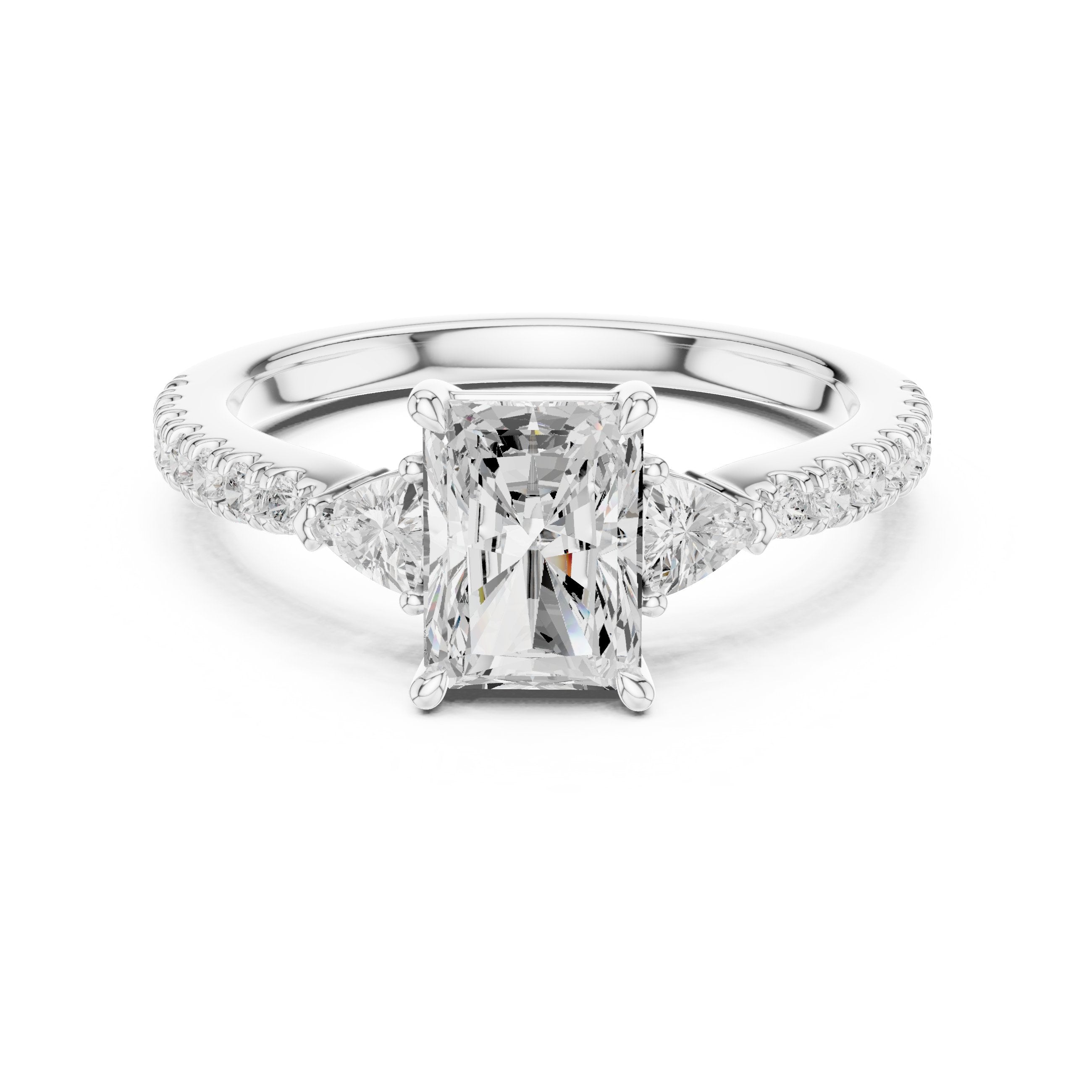 Radiant Cut Three Stone Engagement Ring with Trilliant Sides and Pavé Band in White Gold - VYKA Diamonds
