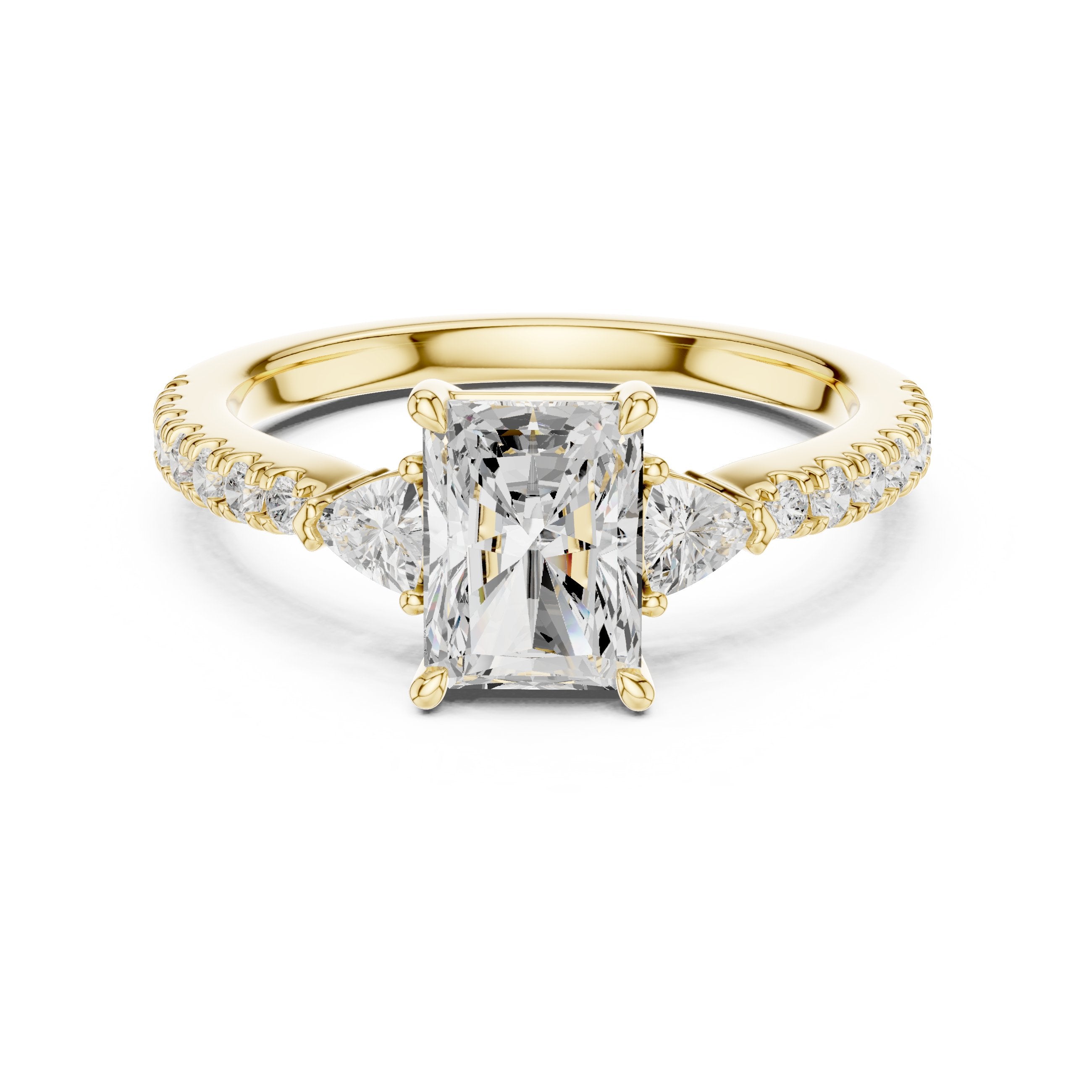 Radiant Cut Three Stone Engagement Ring with Trilliant Sides and Pavé Band in Yellow Gold - VYKA Diamonds