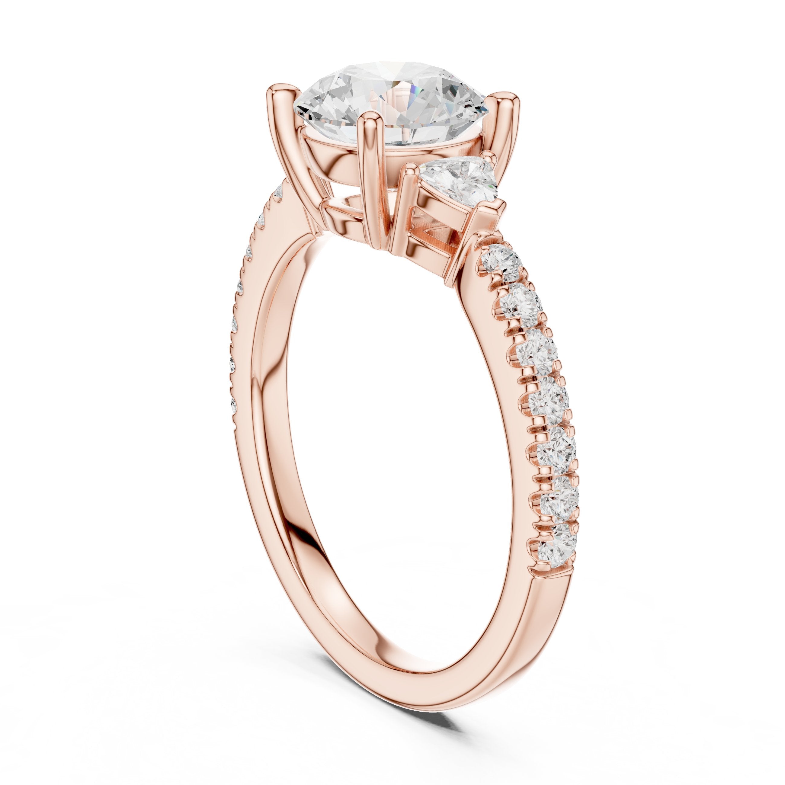 Round Diamond Three Stone Engagement Ring with Trilliant Sides and Pavé Band in Rose Gold - VYKA Diamonds