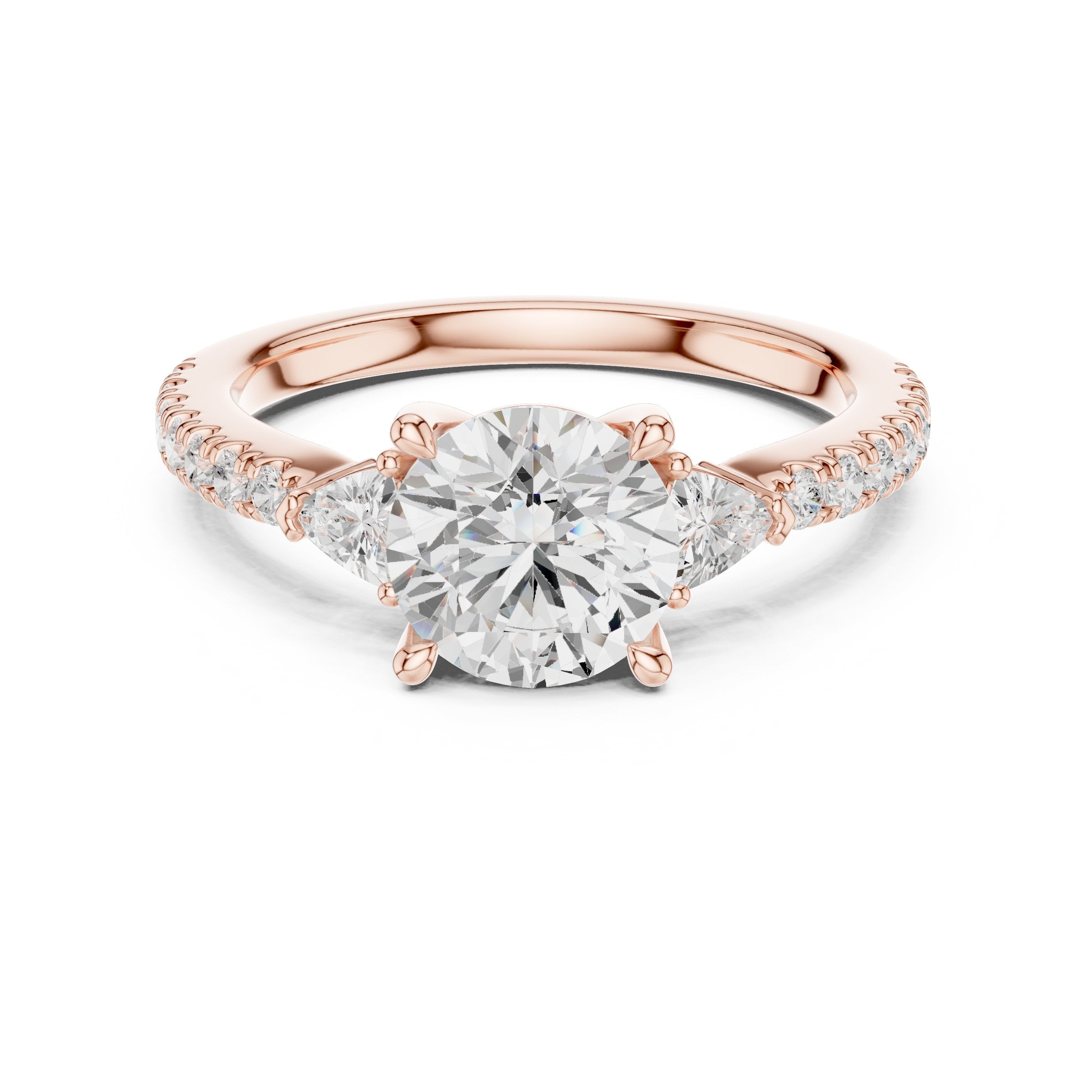 Round Diamond Three Stone Engagement Ring with Trilliant Sides and Pavé Band in Rose Gold - VYKA Diamonds
