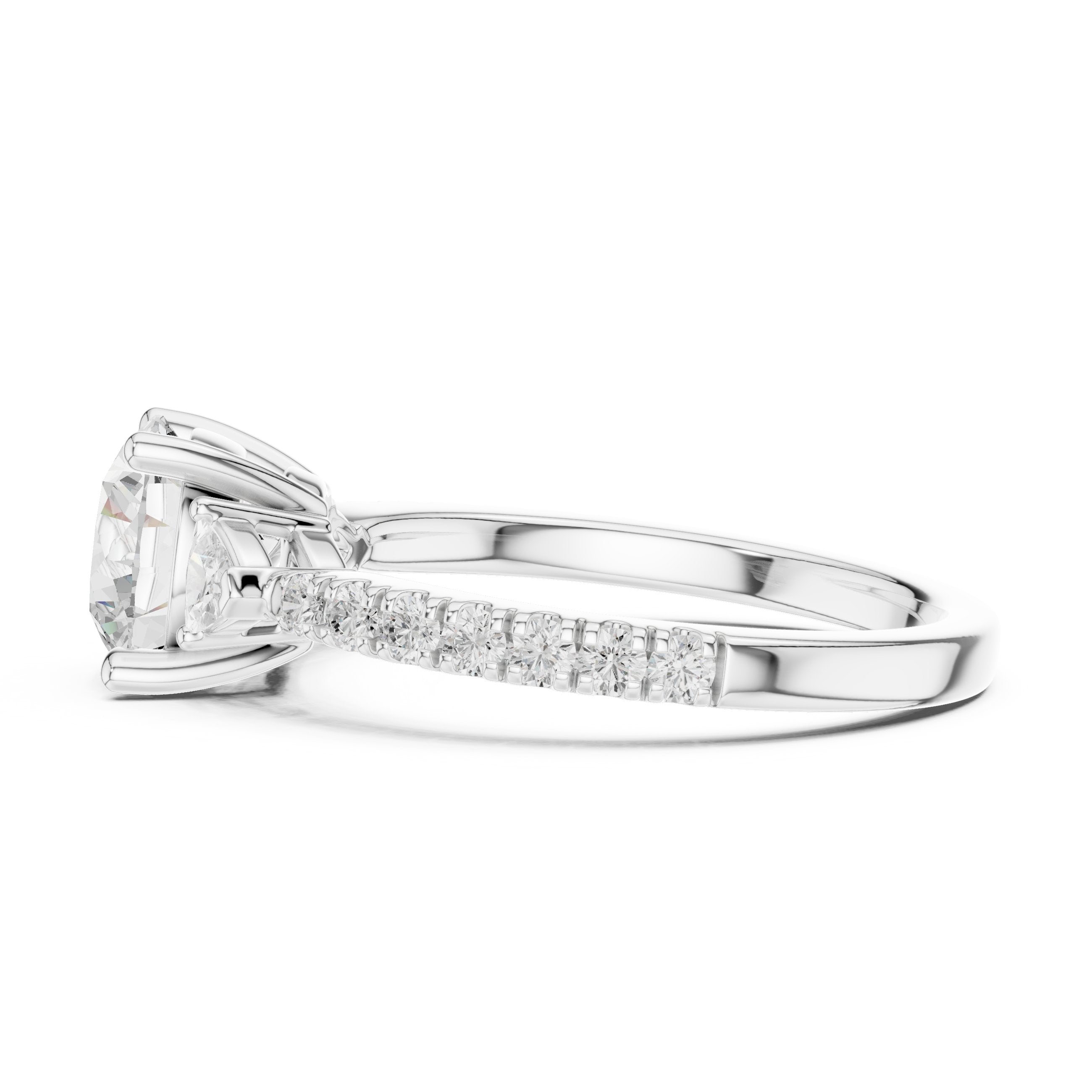 Round Diamond Three Stone Engagement Ring with Trilliant Sides and Pavé Band in White Gold - VYKA Diamonds