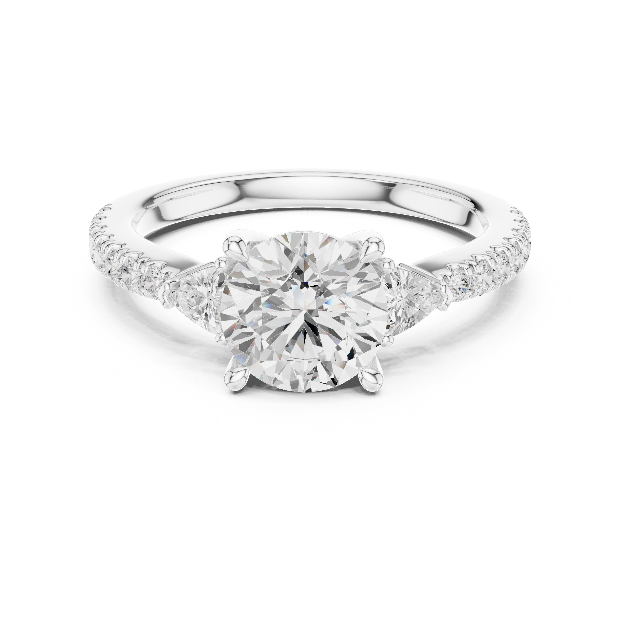 Round Diamond Three Stone Engagement Ring with Trilliant Sides and Pavé Band in White Gold - VYKA Diamonds