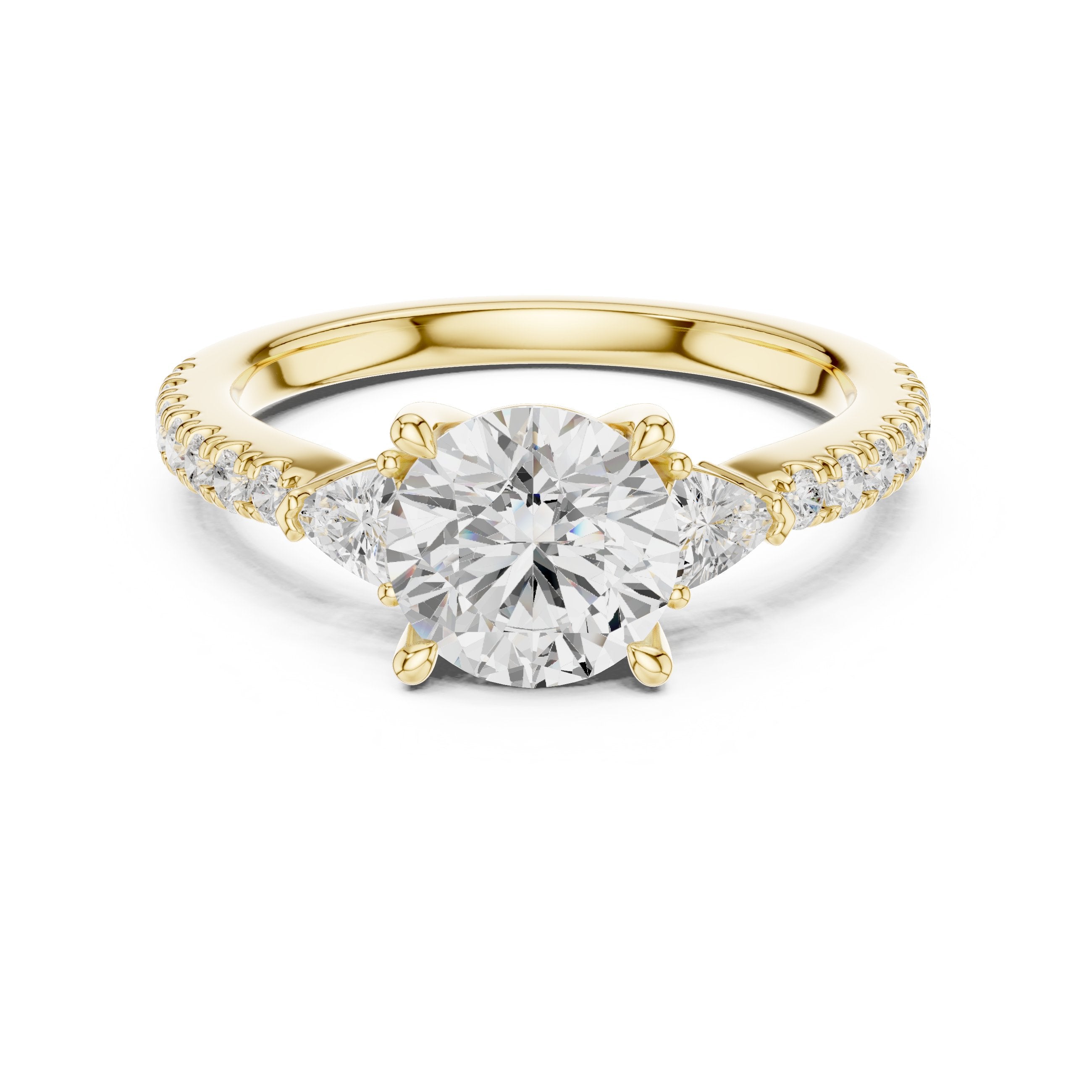 Round Diamond Three Stone Engagement Ring with Trilliant Sides and Pavé Band in Yellow Gold - VYKA Diamonds