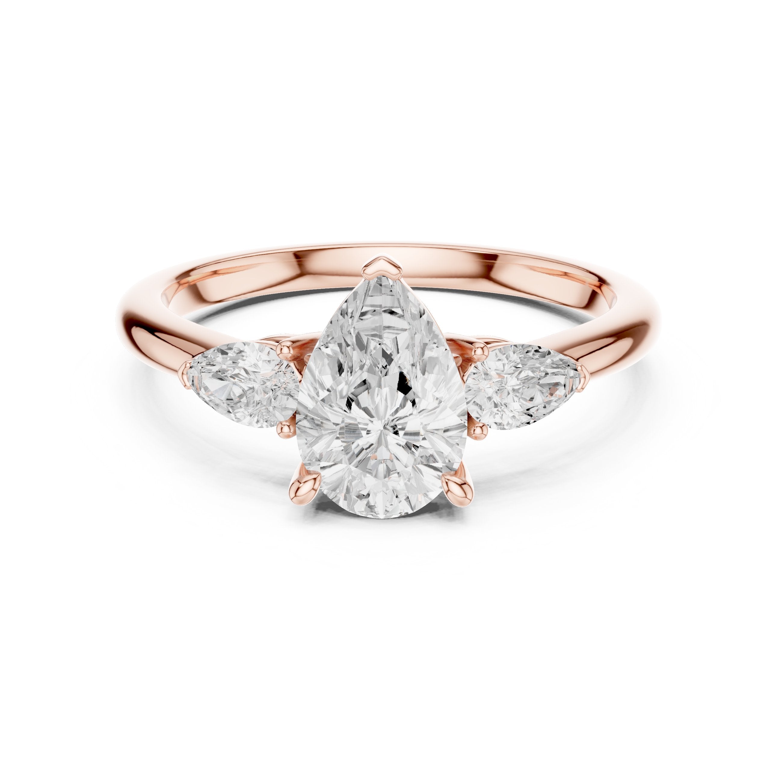 Pear Diamond Three Stone Engagement Ring with Pear Sides in Rose Gold - VYKA Diamonds