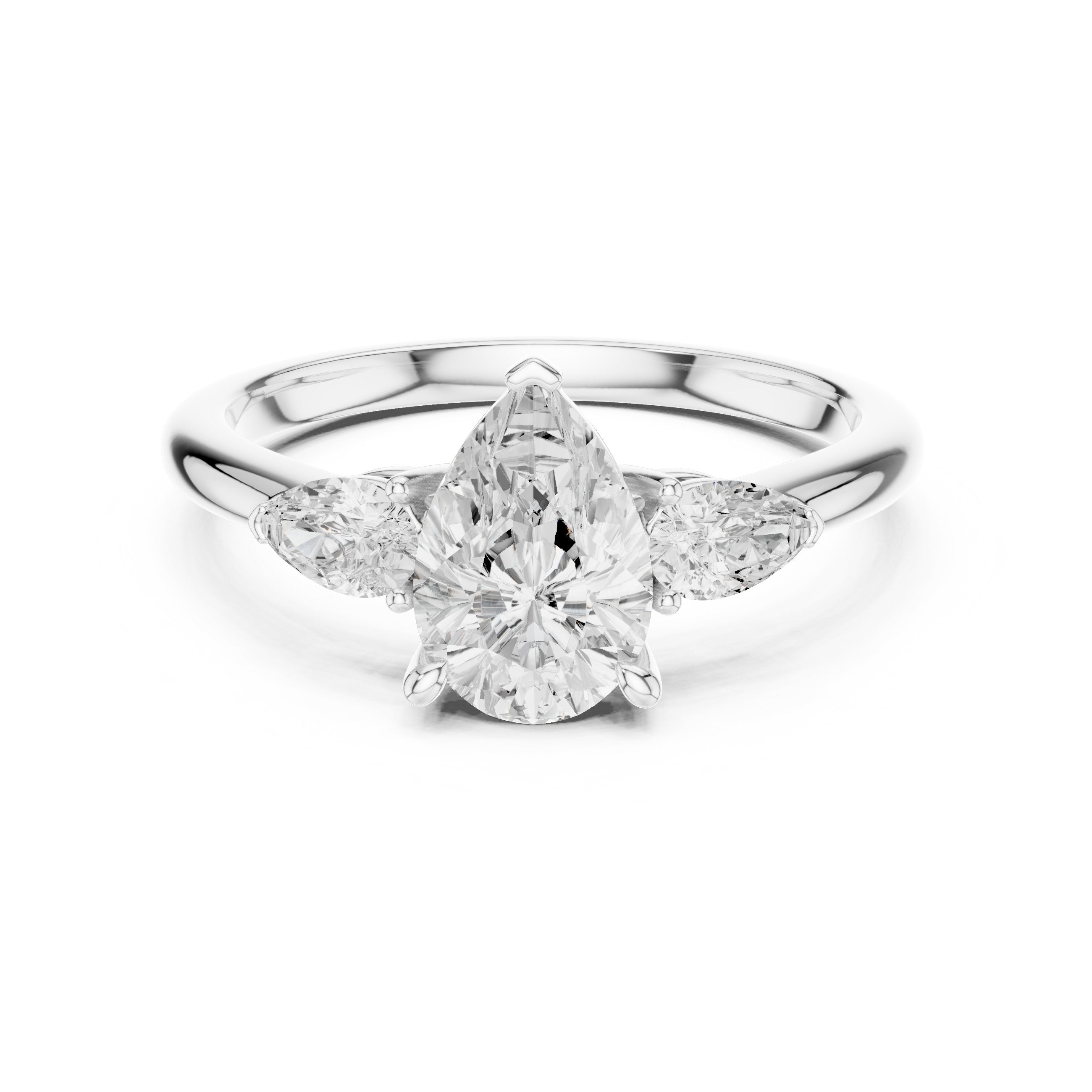 Pear Diamond Three Stone Engagement Ring with Pear Sides in White Gold - VYKA Diamonds