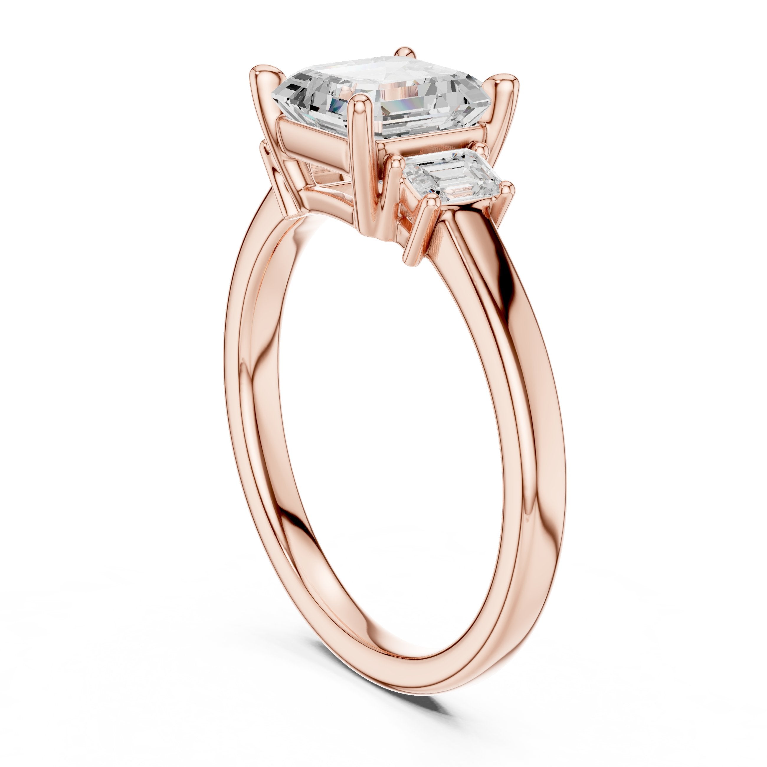 Asscher Cut Three Stone Engagement Ring in Rose Gold - VYKA Diamonds
