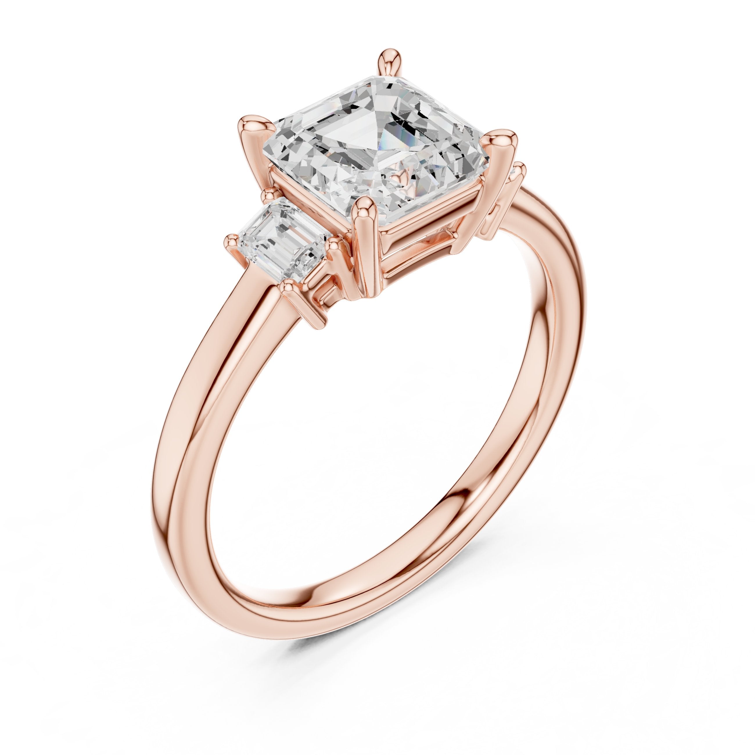 Asscher Cut Three Stone Engagement Ring in Rose Gold - VYKA Diamonds