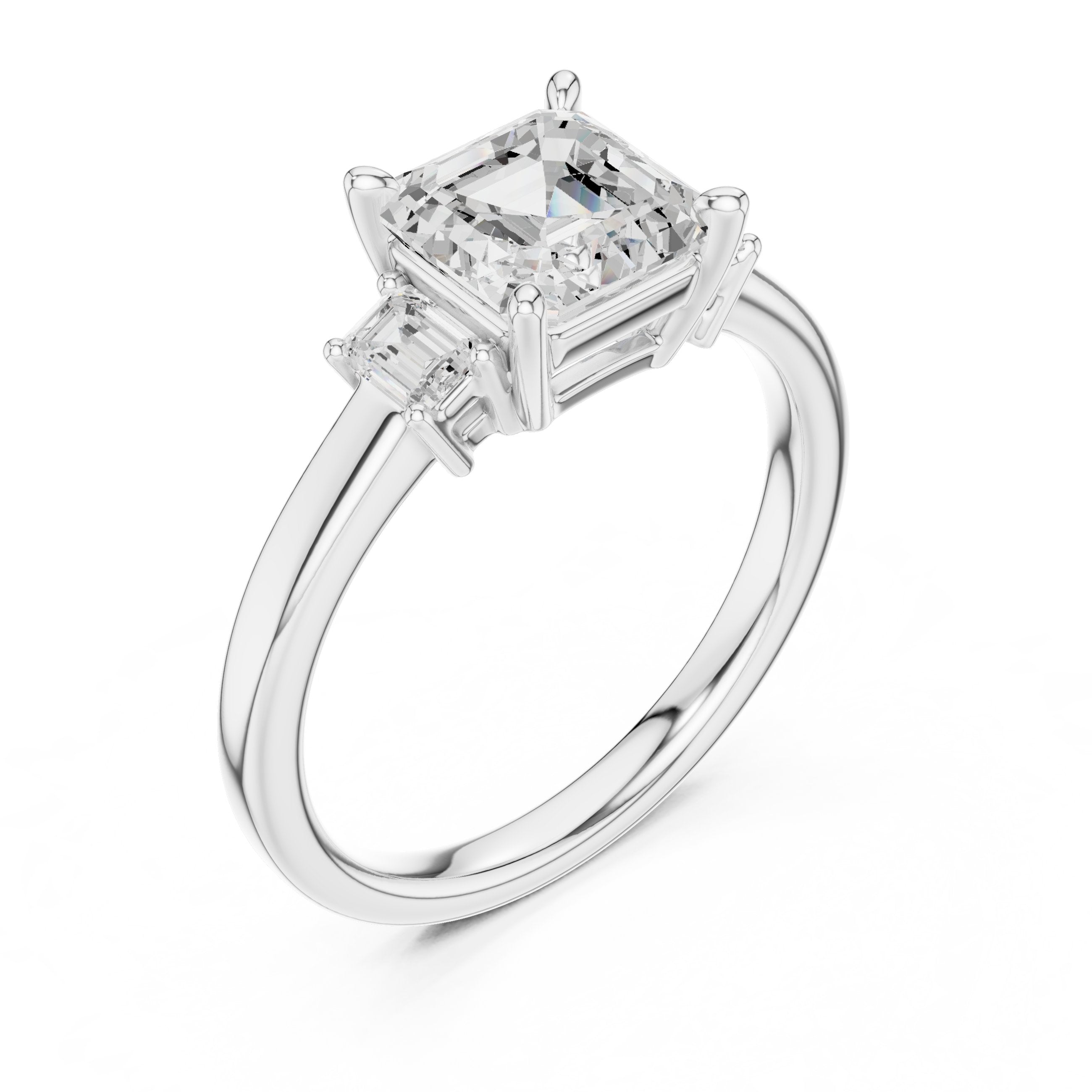 Asscher Cut Three Stone Engagement Ring in White Gold - VYKA Diamonds
