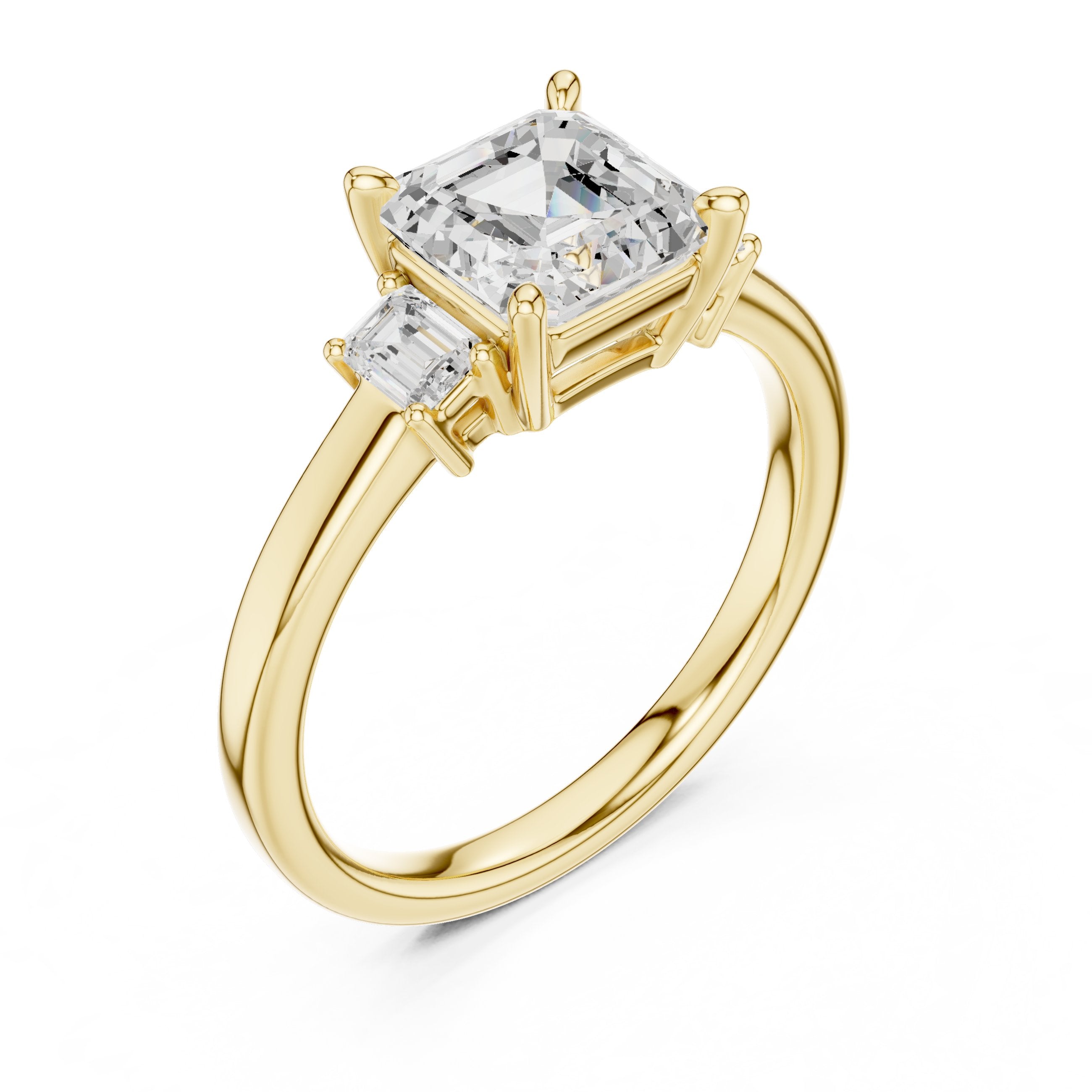 Asscher Cut Three Stone Engagement Ring in Yellow Gold - VYKA Diamonds