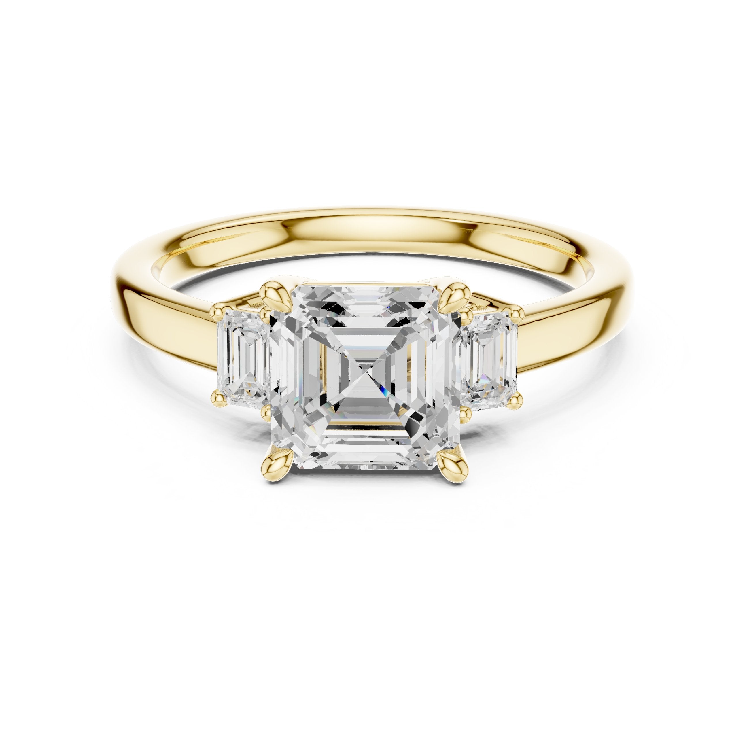 Asscher Cut Three Stone Engagement Ring in Yellow Gold - VYKA Diamonds