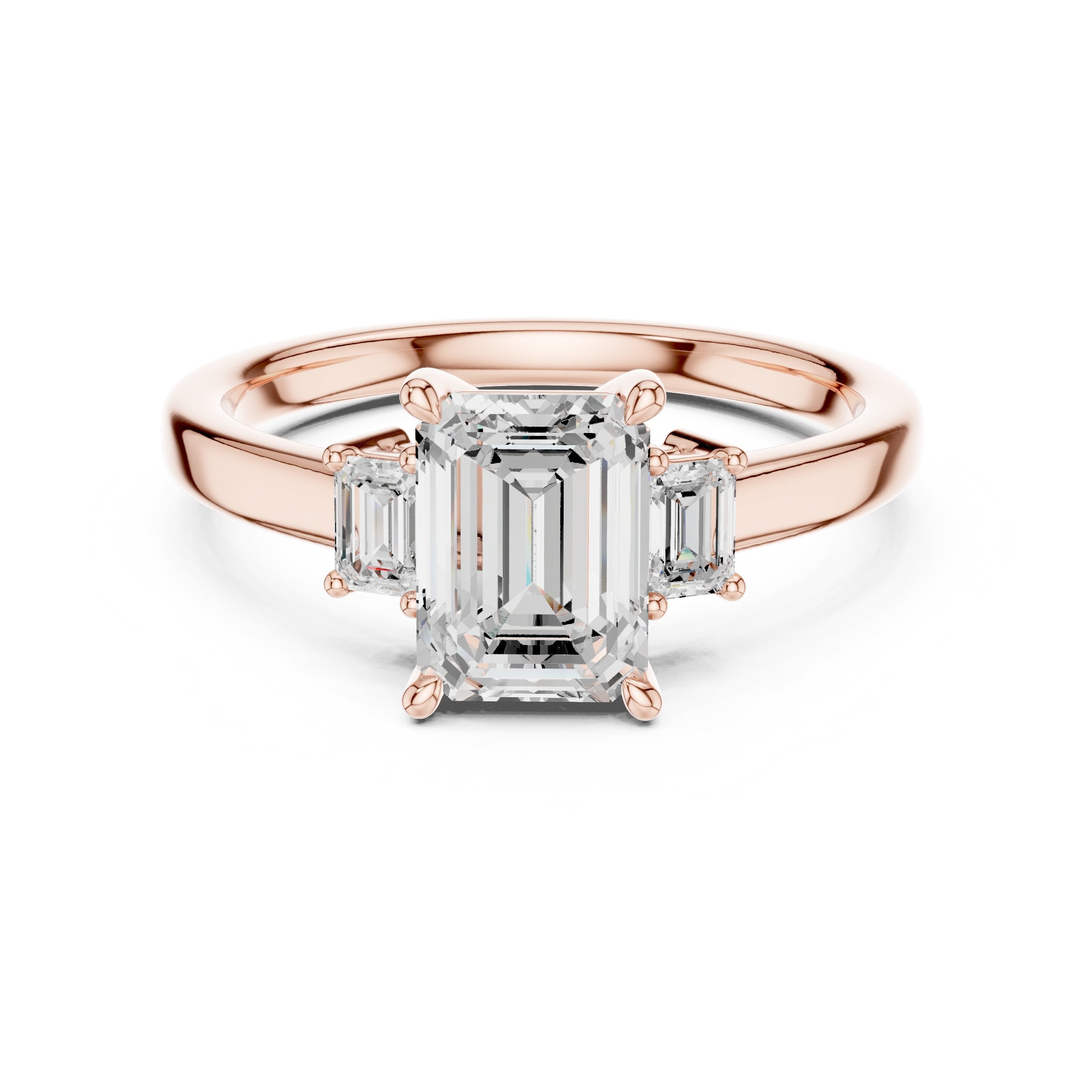 Emerald Cut Three Stone Engagement Ring in Rose Gold - VYKA Diamonds