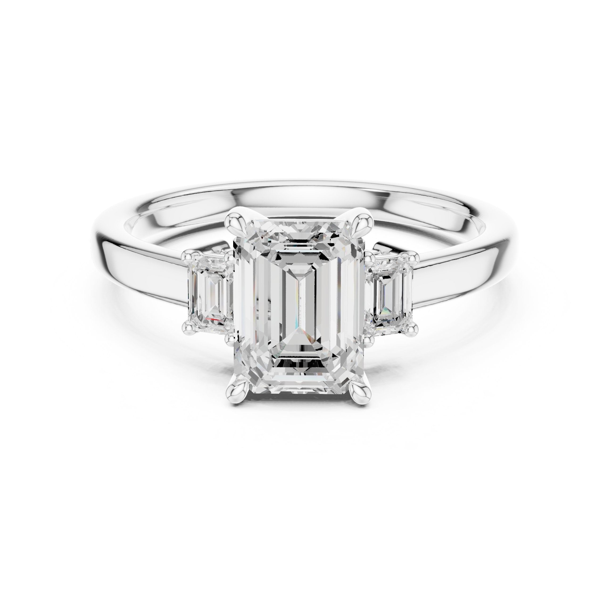 Emerald Cut Three Stone Engagement Ring in White Gold - VYKA Diamonds