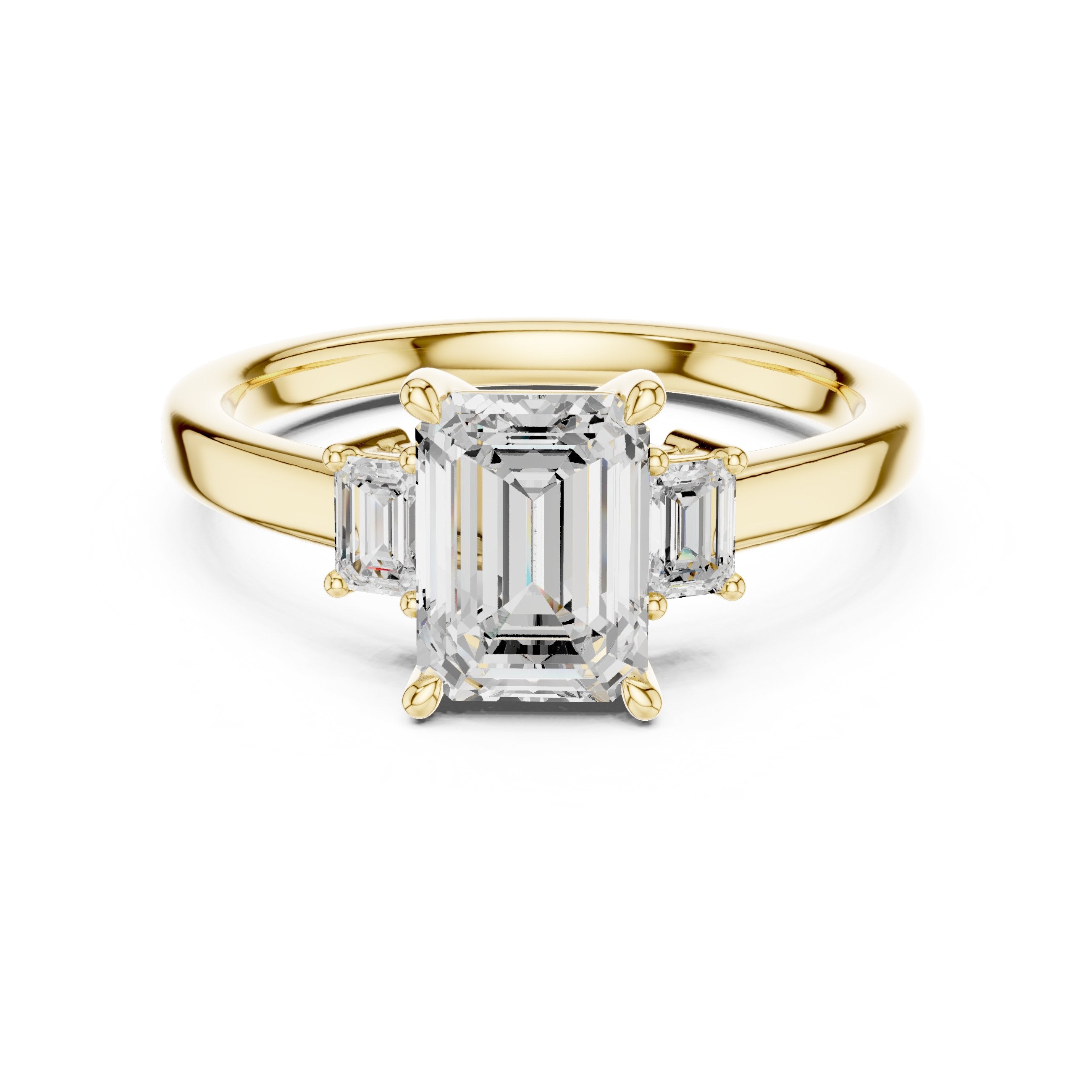 Emerald Cut Three Stone Engagement Ring in Yellow Gold - VYKA Diamonds