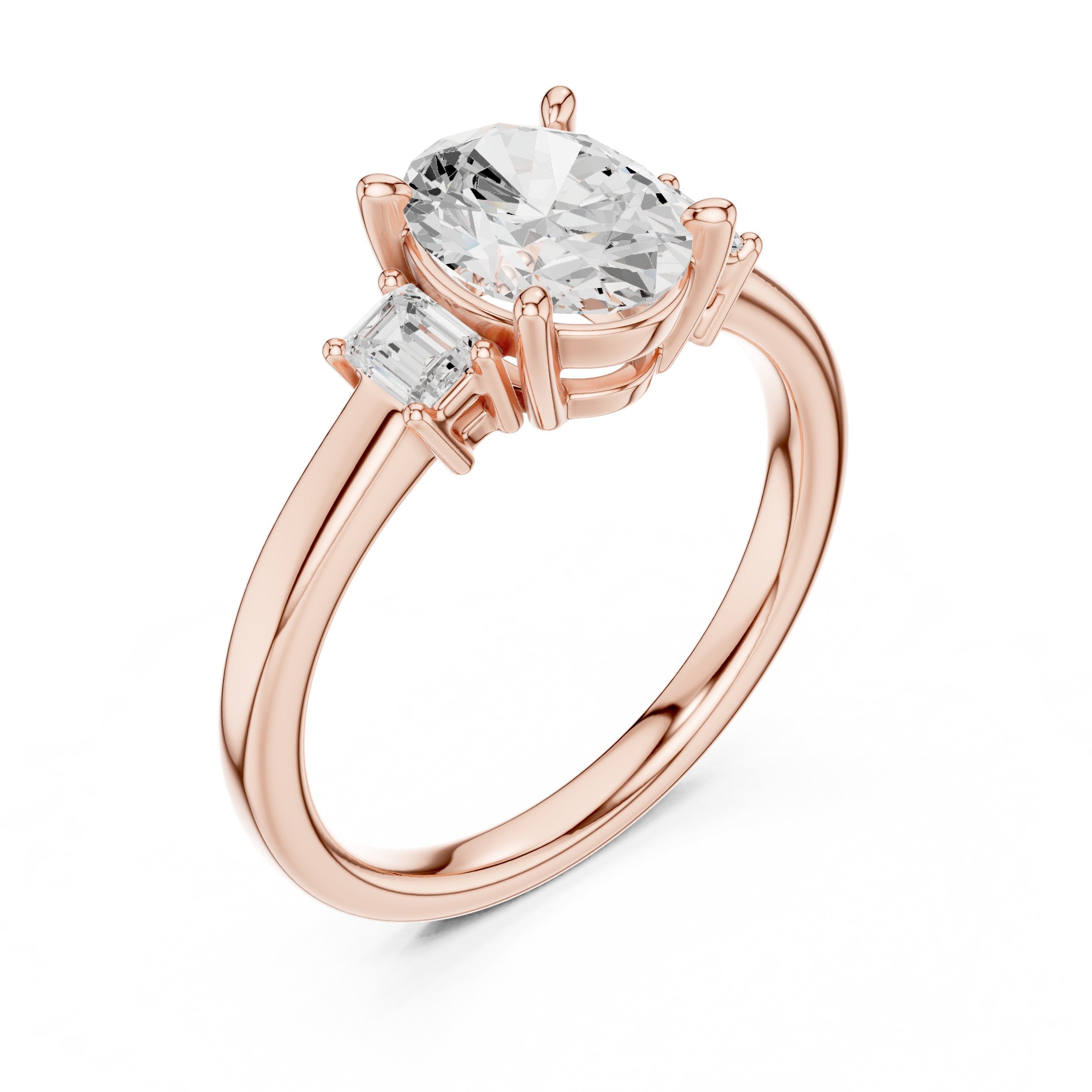 Oval Diamond Three Stone Engagement Ring with Baguette Sides in Rose Gold - VYKA Diamonds