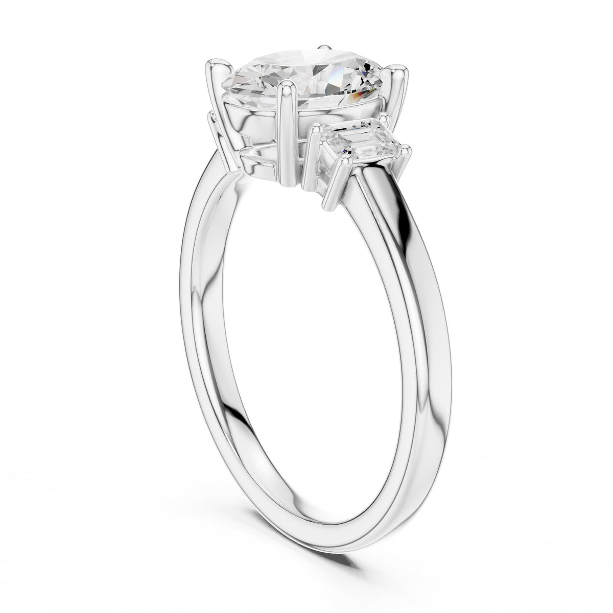 Oval Diamond Three Stone Engagement Ring with Baguette Sides