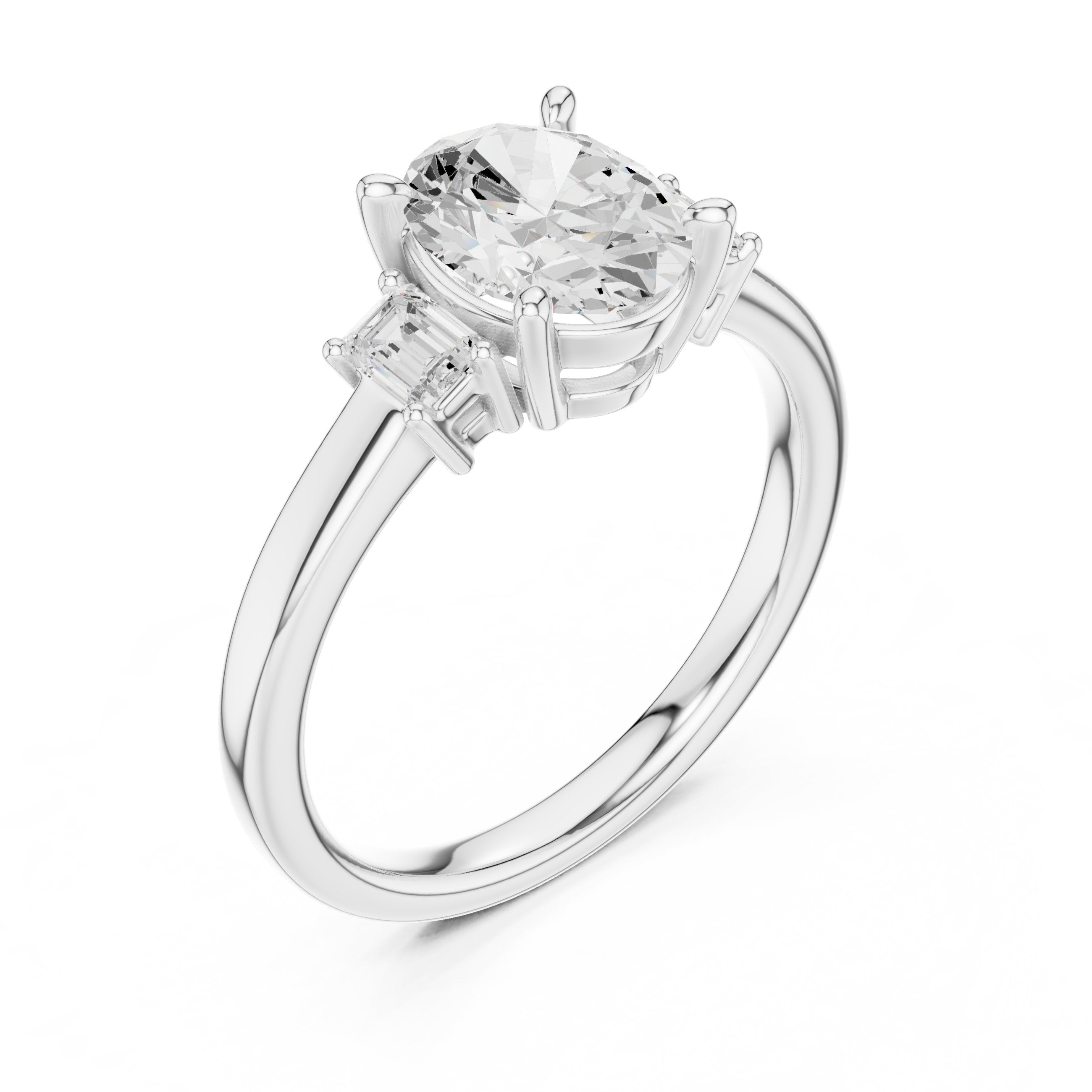 Oval Diamond Three Stone Engagement Ring with Baguette Sides in White Gold - VYKA Diamonds