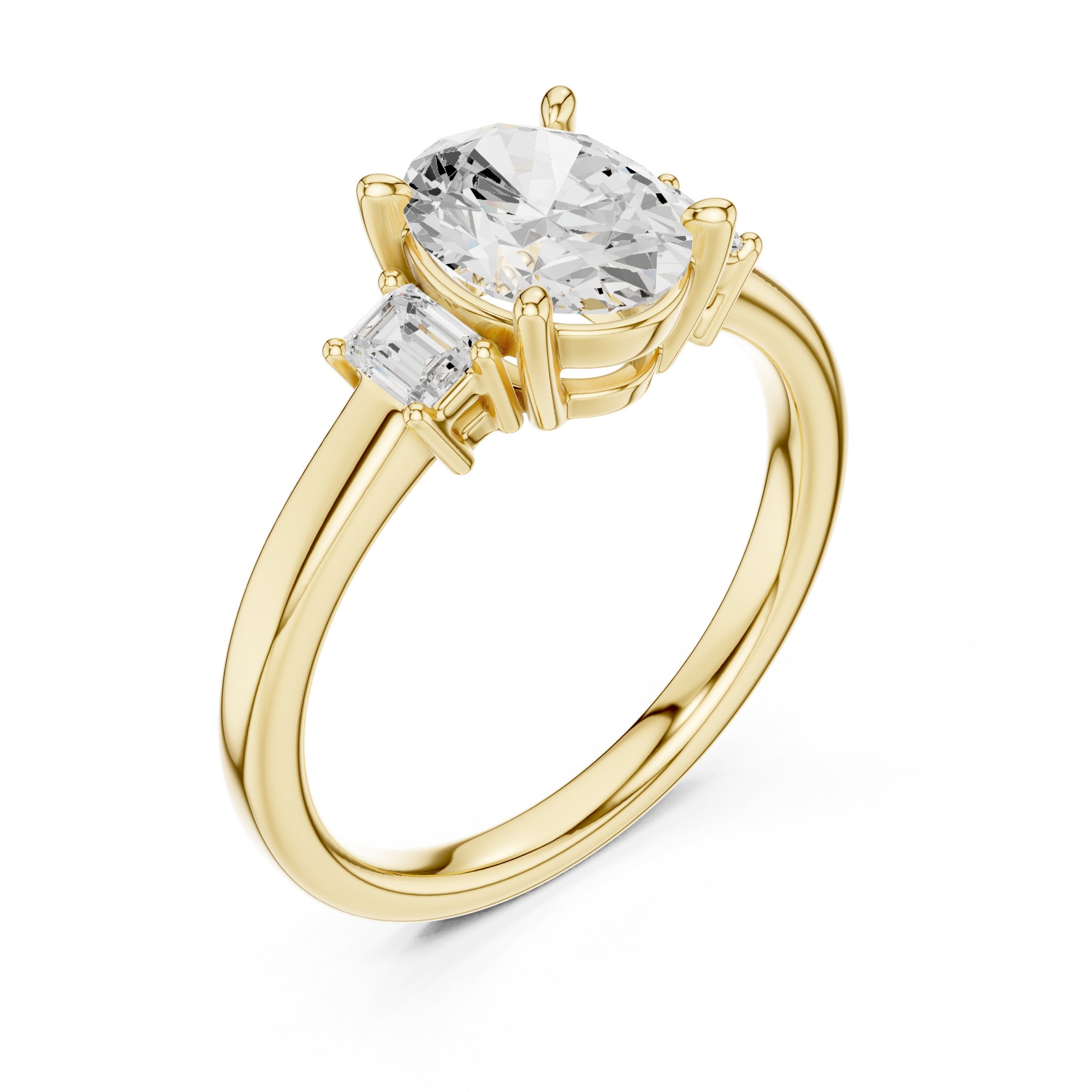 Oval Diamond Three Stone Engagement Ring with Baguette Sides in Yellow Gold - VYKA Diamonds