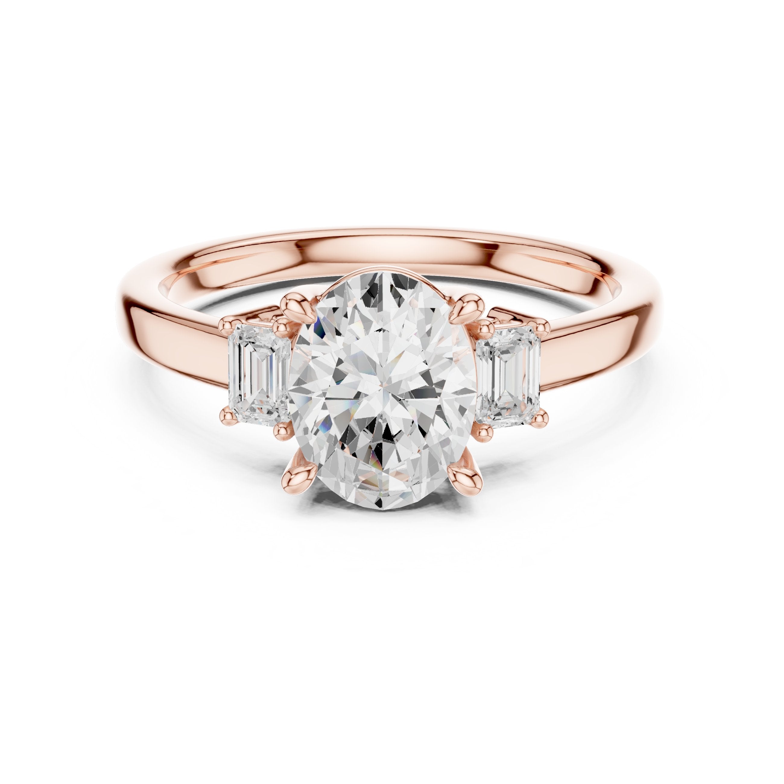 Oval Diamond Three Stone Engagement Ring with Baguette Sides in Rose Gold - VYKA Diamonds
