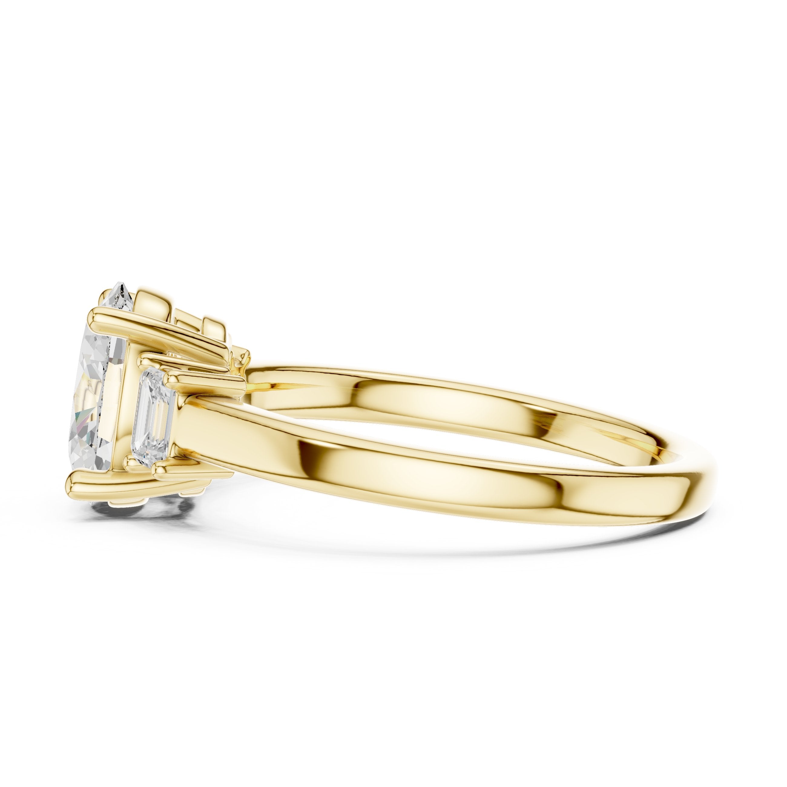 Oval Diamond Three Stone Engagement Ring with Baguette Sides in Yellow Gold - VYKA Diamonds