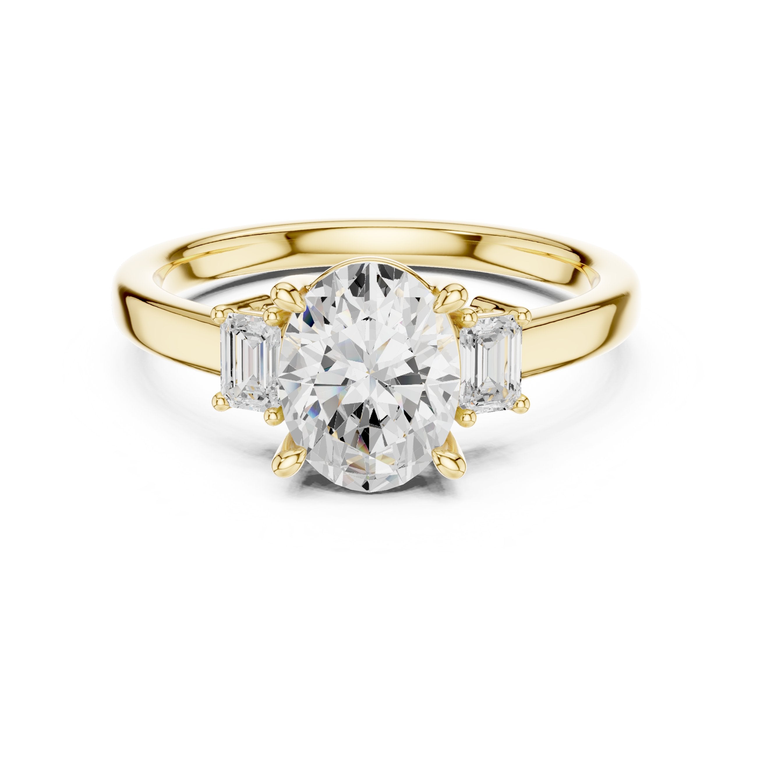 Oval Diamond Three Stone Engagement Ring with Baguette Sides in Yellow Gold - VYKA Diamonds