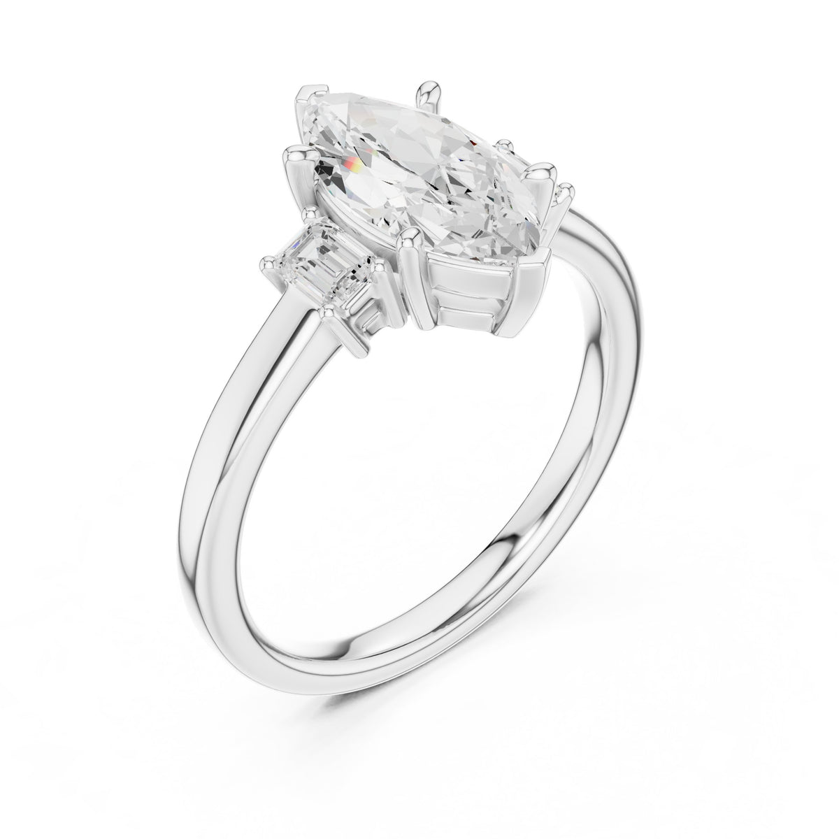 Marquise Cut Three Stone Engagement Ring with Emerald Sides